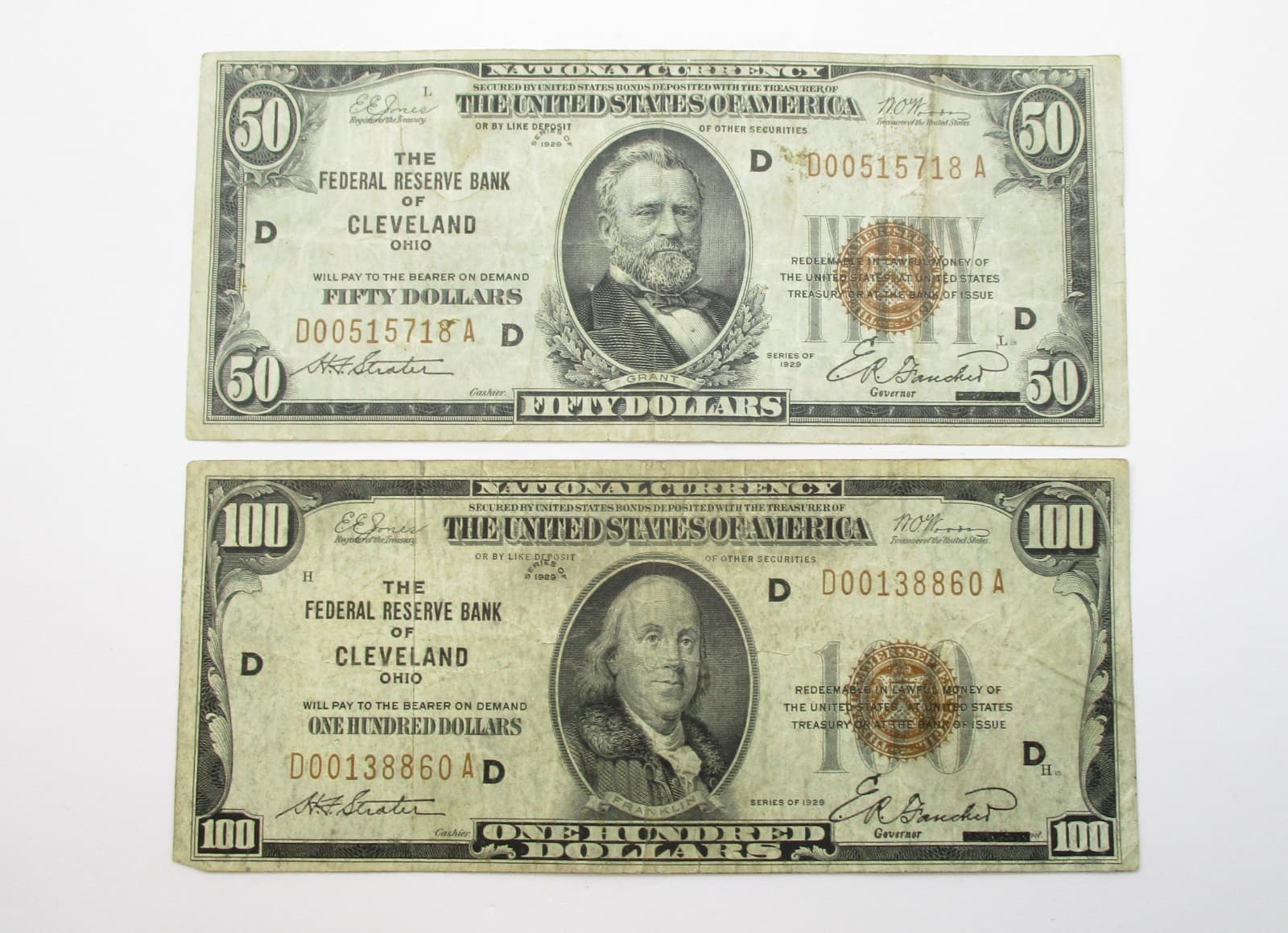 Lot of 2 1929 U.S. National Currency Notes Cleveland Ohio $50.00 & $100.00