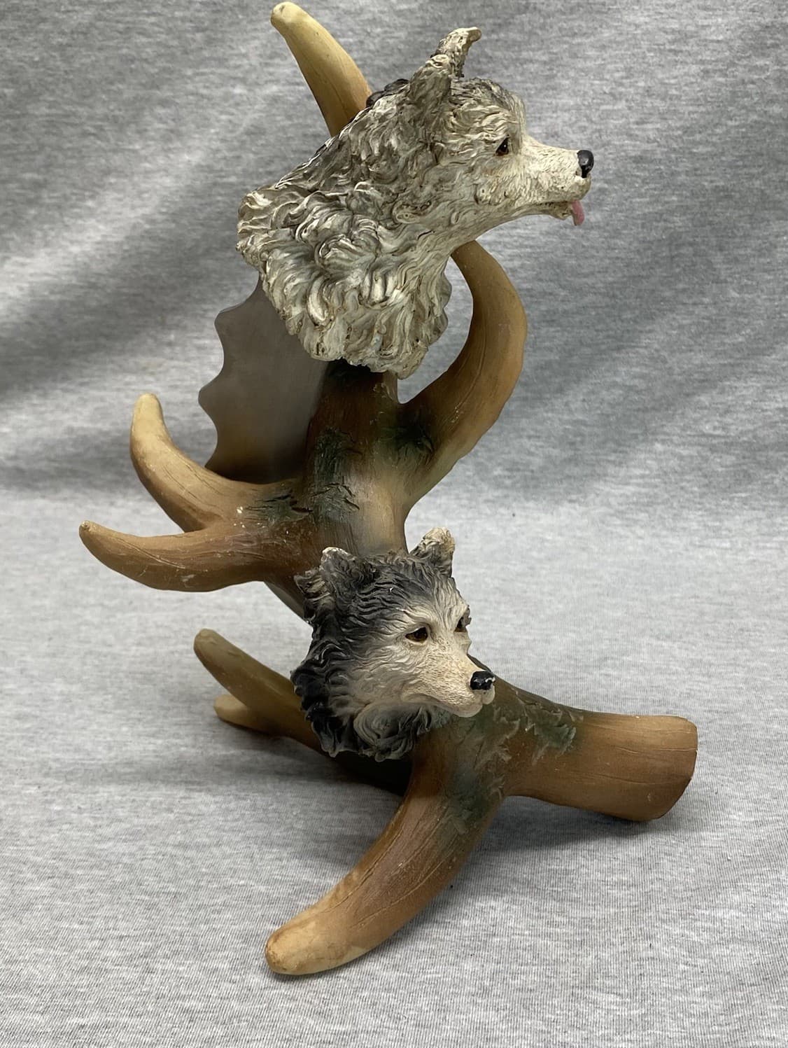 Vintage Wolves Statue With Knife And Antler Holder Resin 8.5” Small Flaws