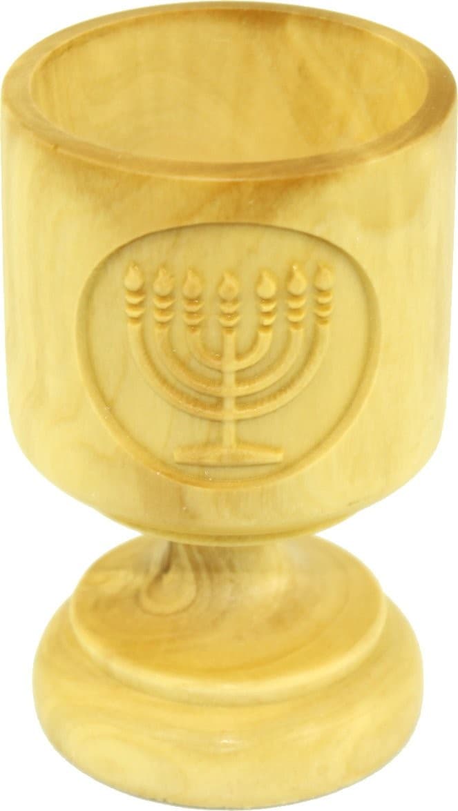 Olive wood wine cup carved with Menorah - (3 inches tall). Great details