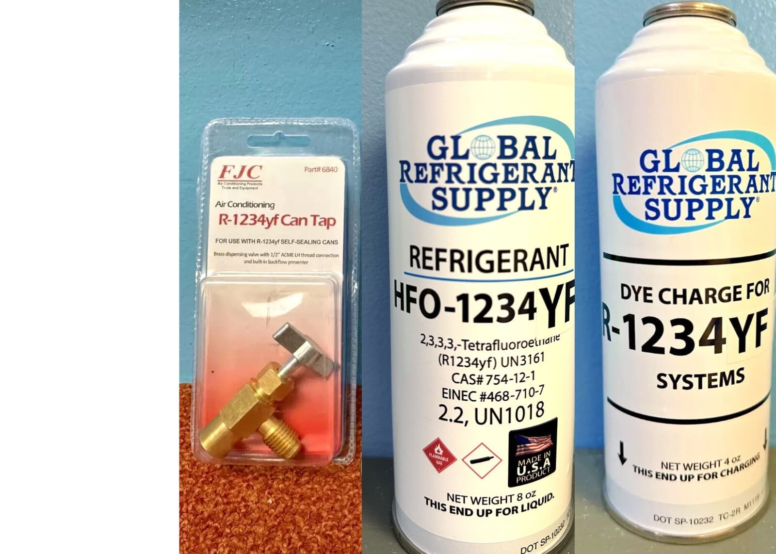 Refrigerant HFO-1234yf, Auto A/C, 8 oz Self Sealing Unique Fitting KIT# YF-Dye