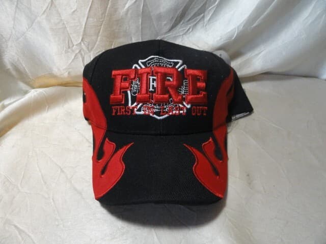 NEW FIREFIGHTER FIREMAN CAP HAT BLACK/RED UNISEX ADJUSTABLE FIRST IN LAST OUT