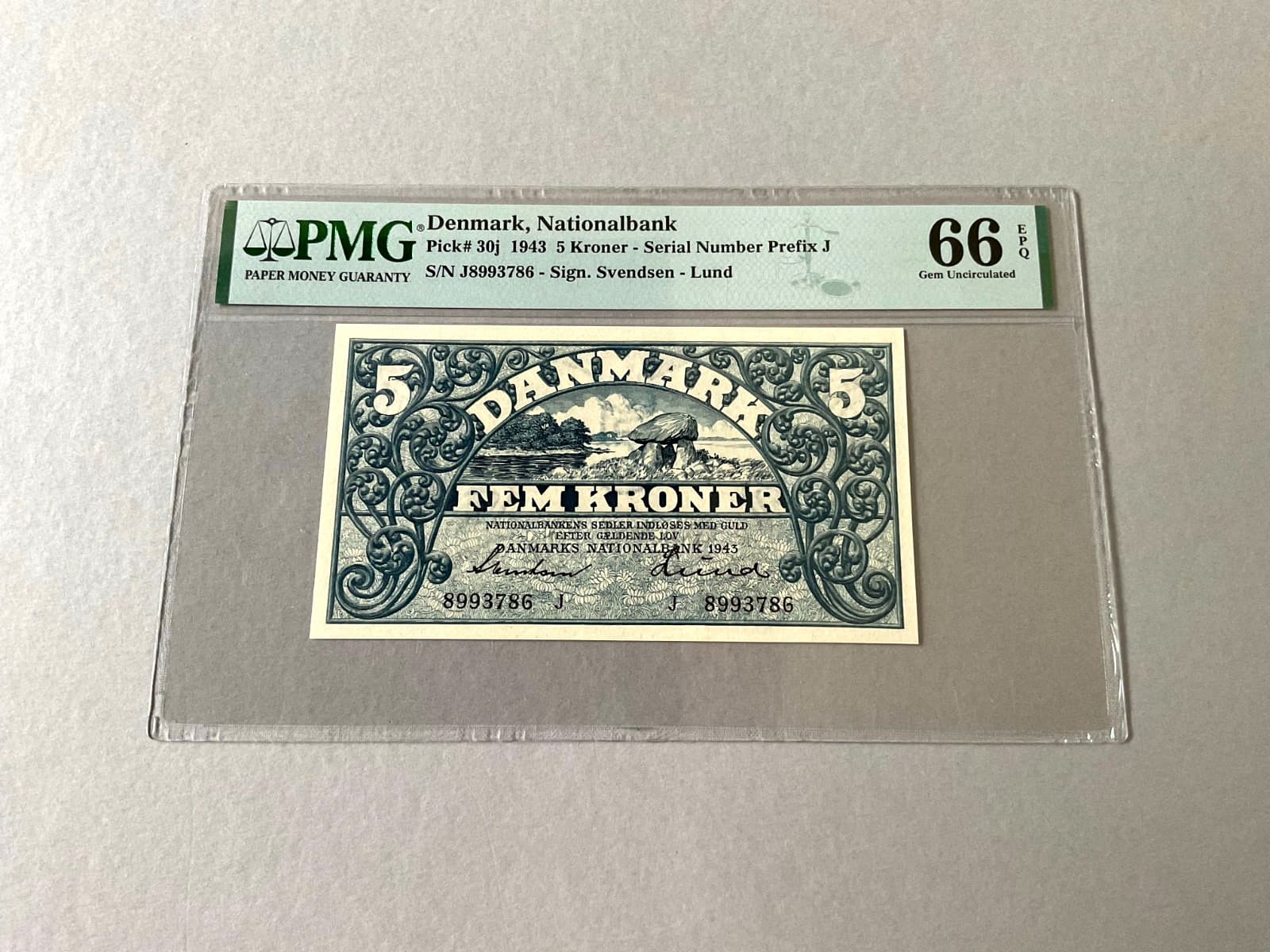 Denmark 5 Kroner P-30j 1943 PMG 66 EPQ