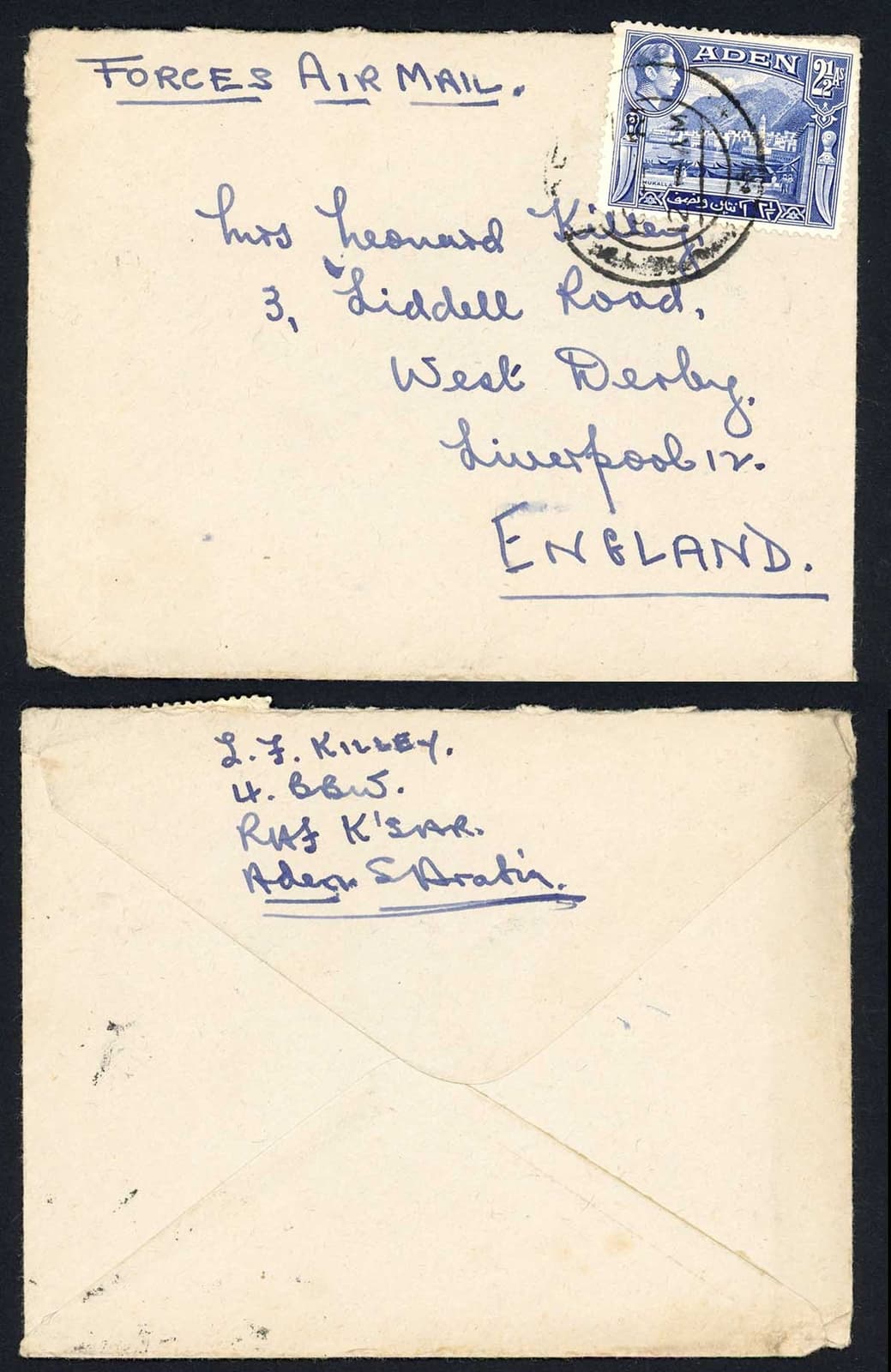 Aden KGVI Forces Air Mail Cover to the UK