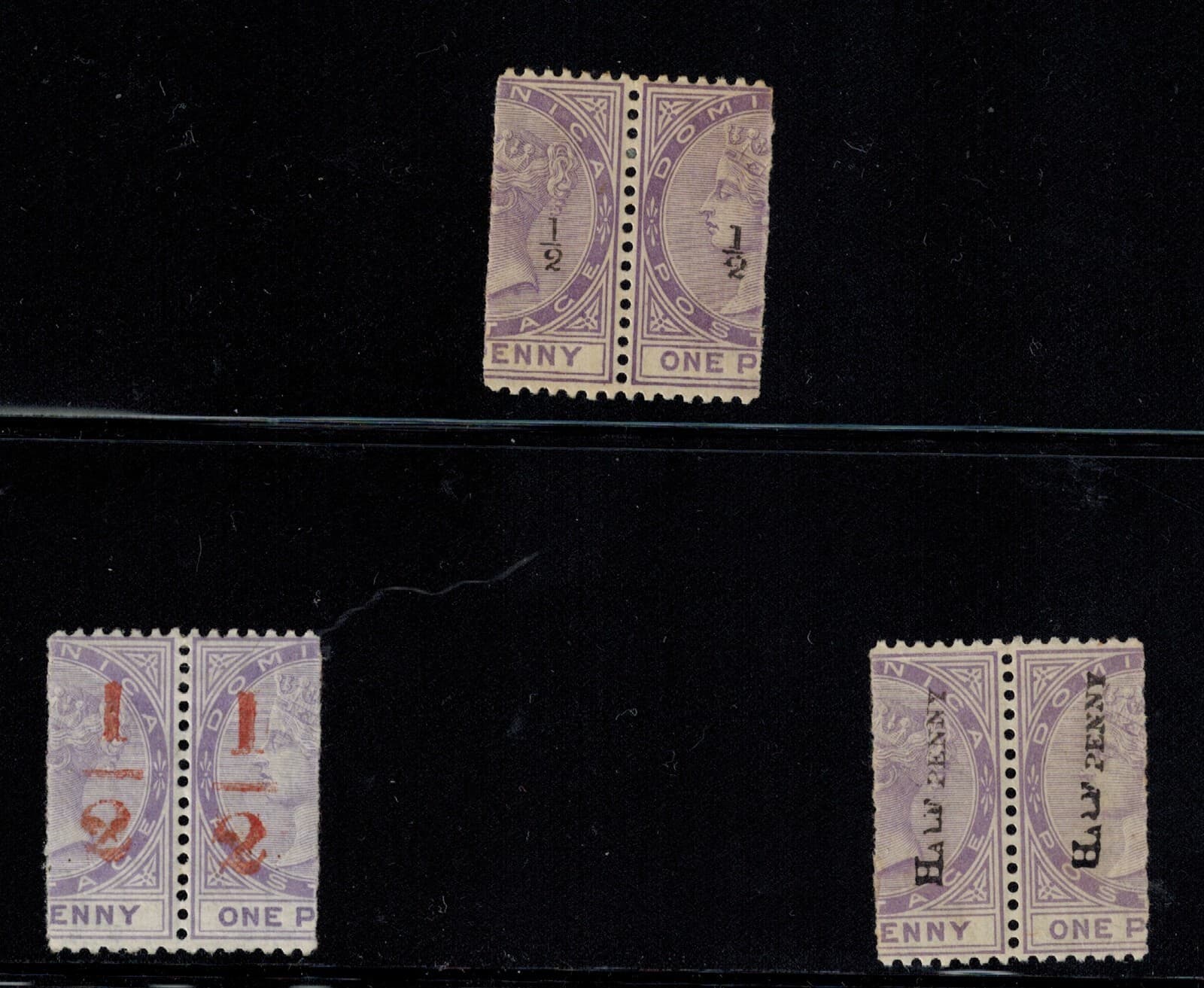 Dominica Print Pairs 1882-3 SG 10, 11, and 12 The 3 Types of 1/2d OVPTS MOG GEM