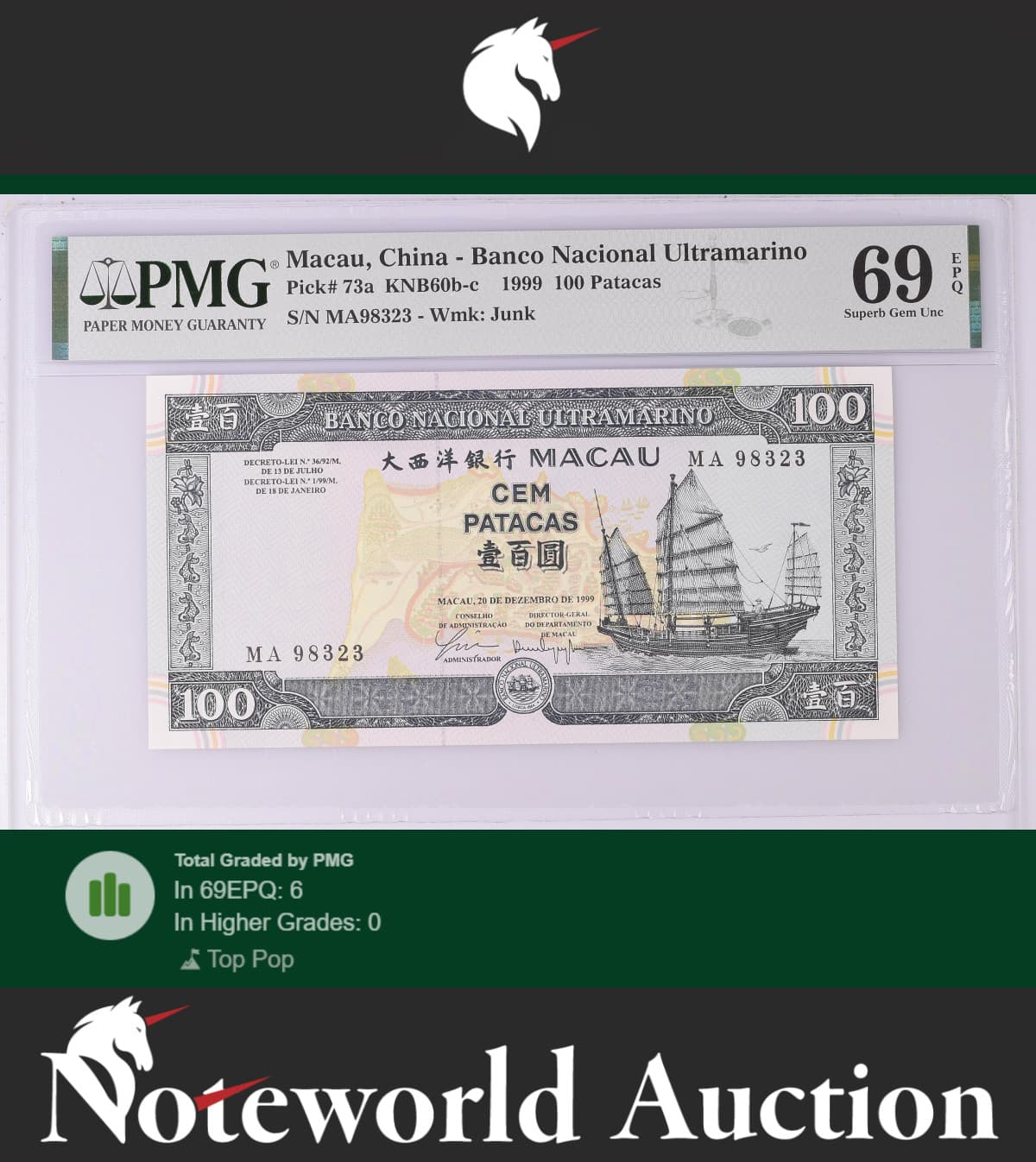 Macau BNU 100 Patacas 1999 P 73a Commemorative Prefix MA UNC PMG 69 EPQ TOP POP