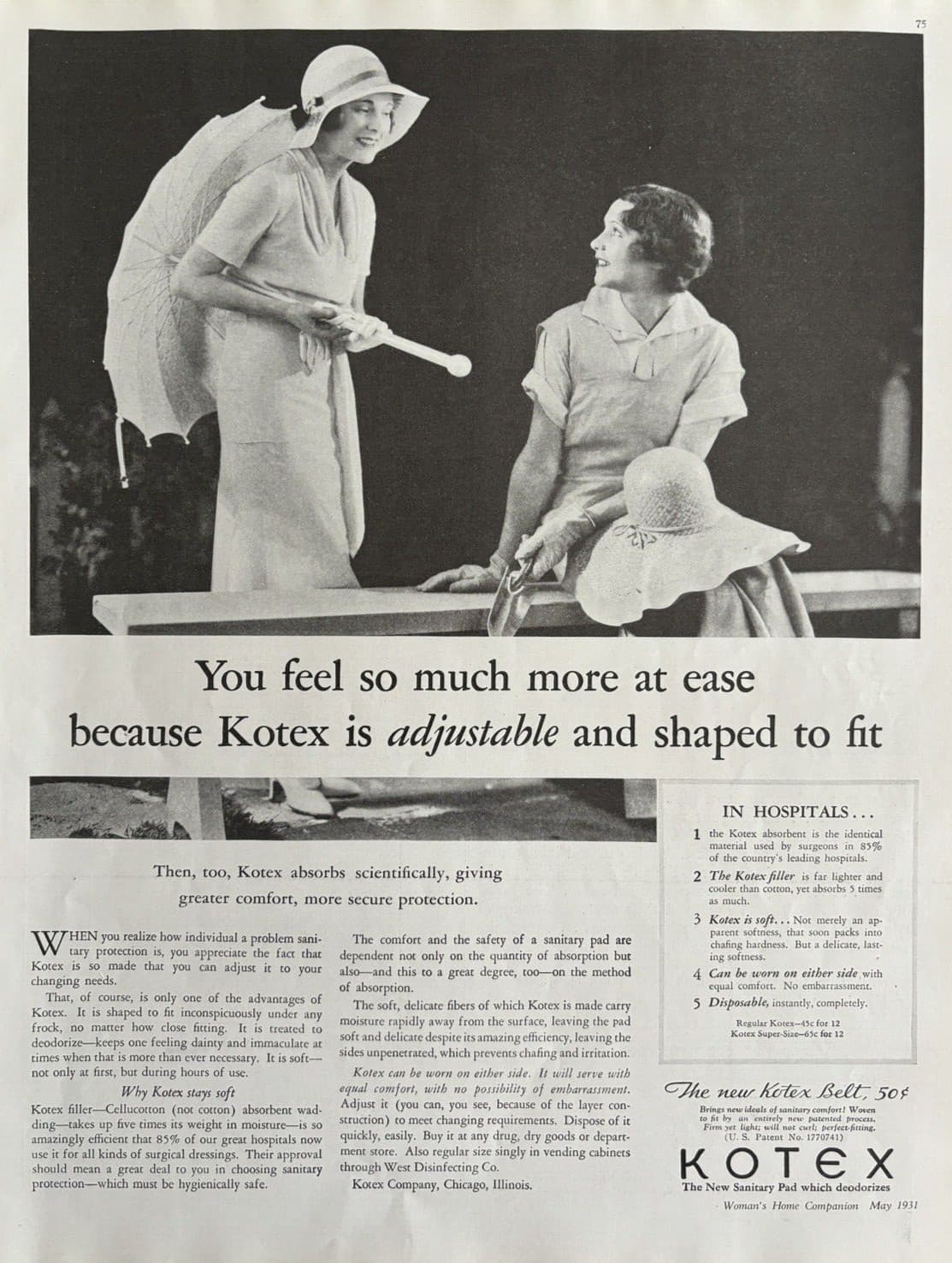 1931 Kotex Adjustable shaped soft Sanitary Pad Belt Chicago Vintage Print Ad
