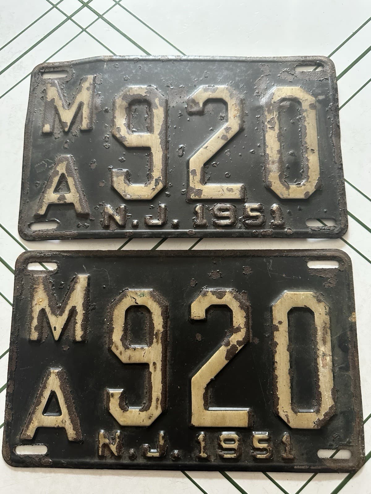 Antique 1951 New Jersey License Plate Pair MA 920 Vintage NJ