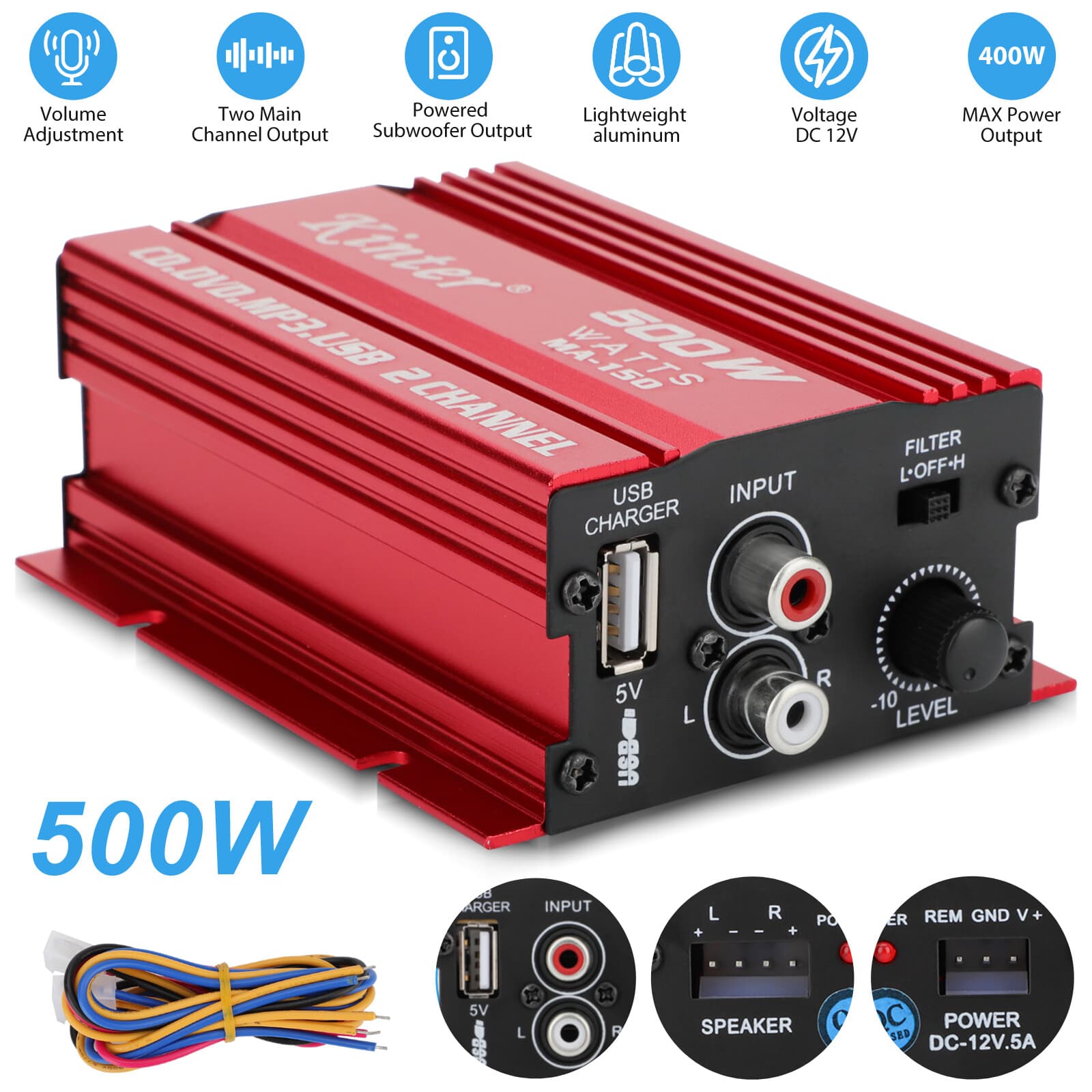 500W 12V 2 Channel Car Stereo Audio Power Amplifier HiFi Bass Amp Subwoofer Home