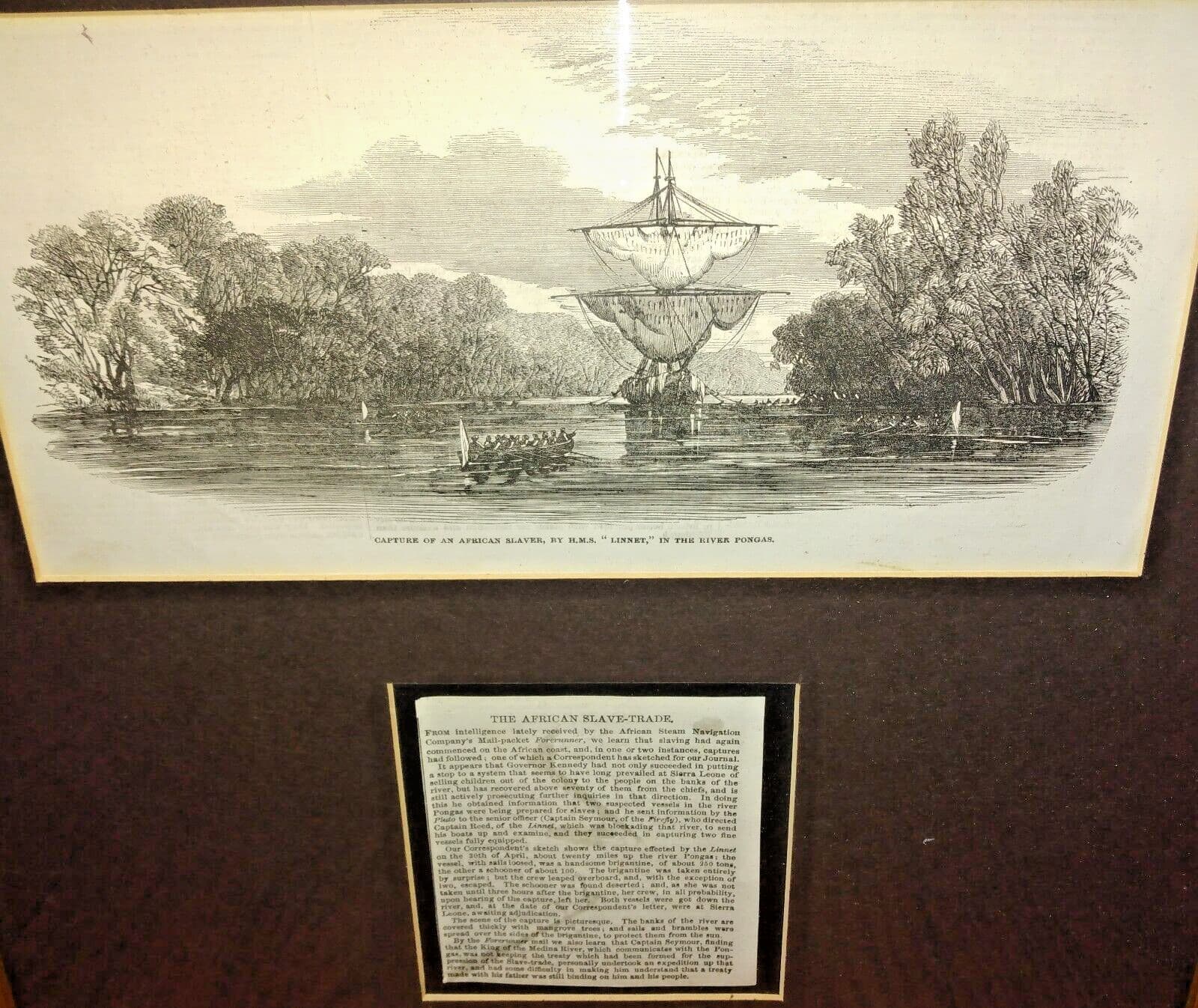 1853 Engraving ~ Capture of American Slaver By HMS "LINNET" w/ Newspaper FRAMED