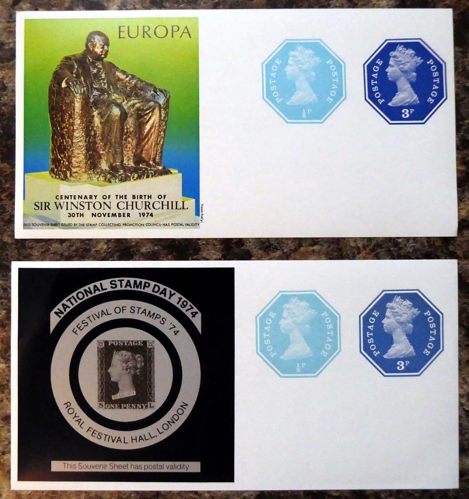 GB 1974 Machin Churchill & Europa Postally Valid Souvenir Sheets (2) U/M GQ616