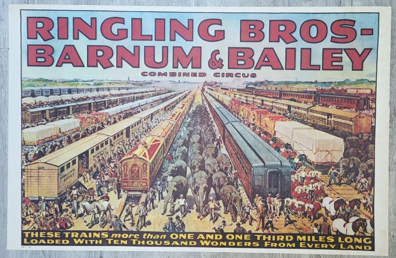 Vintage Ringling Bros Barnum & Bailey Circus Trains Poster RARE - 23.5" x 36.5"