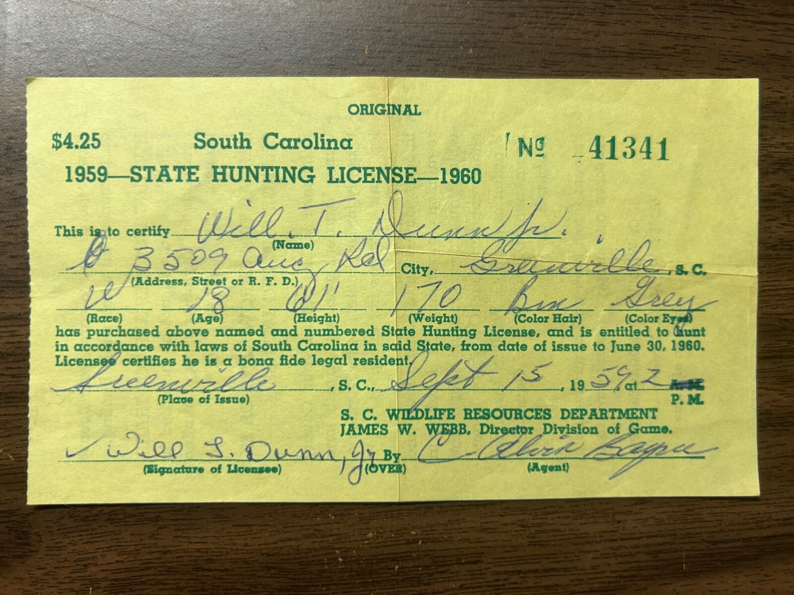 1959 - 1960 South Carolina State Hunting License Original Greenville SC
