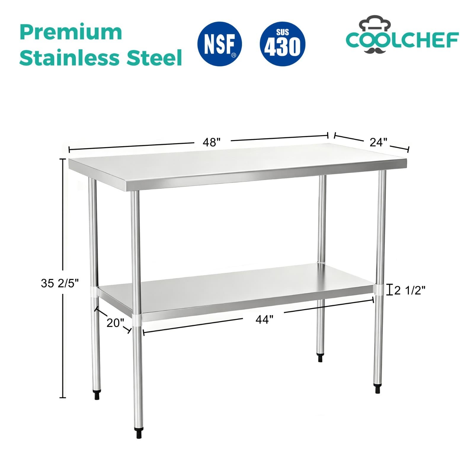 COOLCHEF Stainless Steel Work Table 24 x 48 Inch, NSF Commercial Prep Table