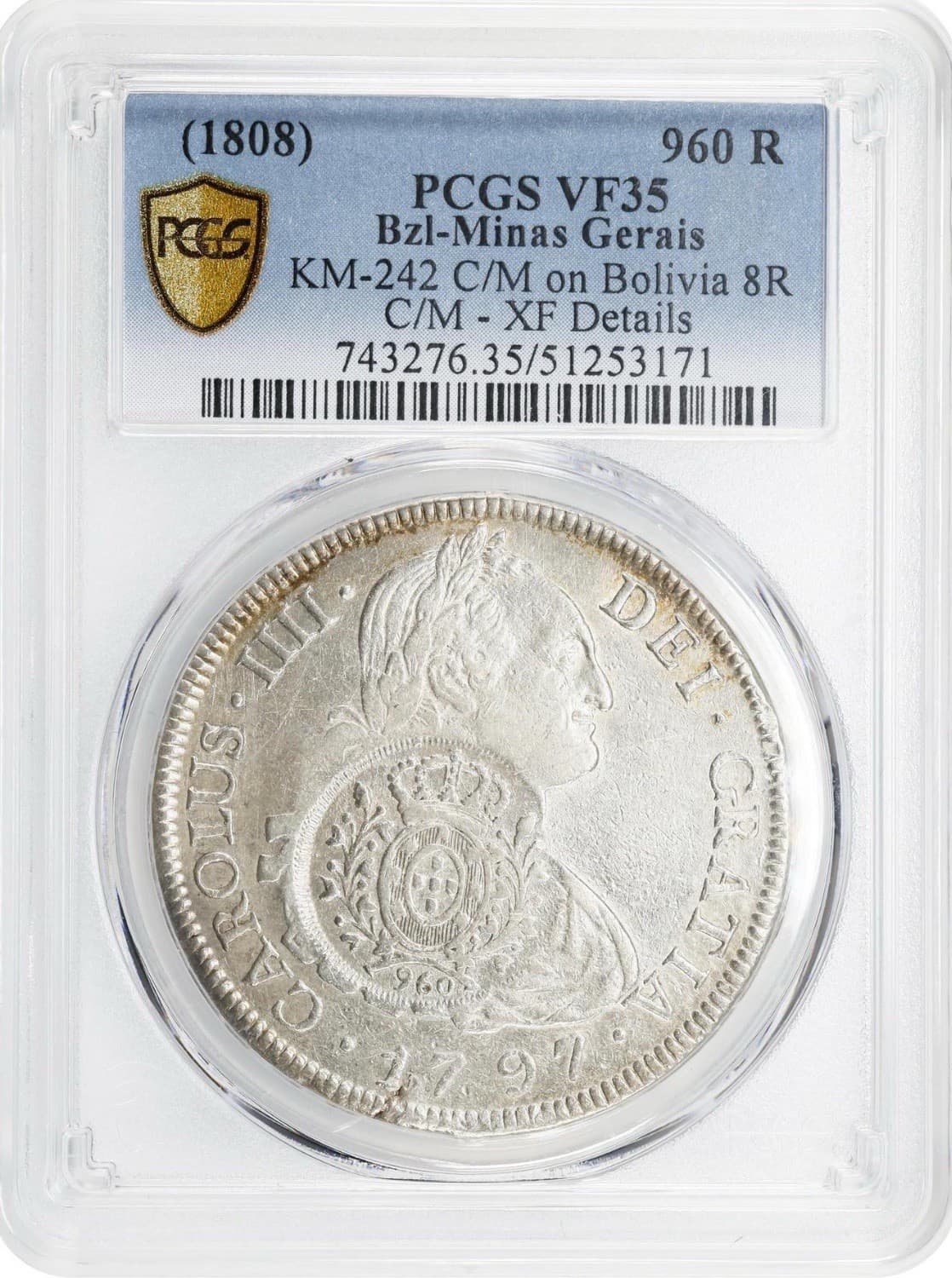 RARE 1797 8 Reales Spanish Colonial Silver Coin PCGS VF 35 Minas Gerais Brazil