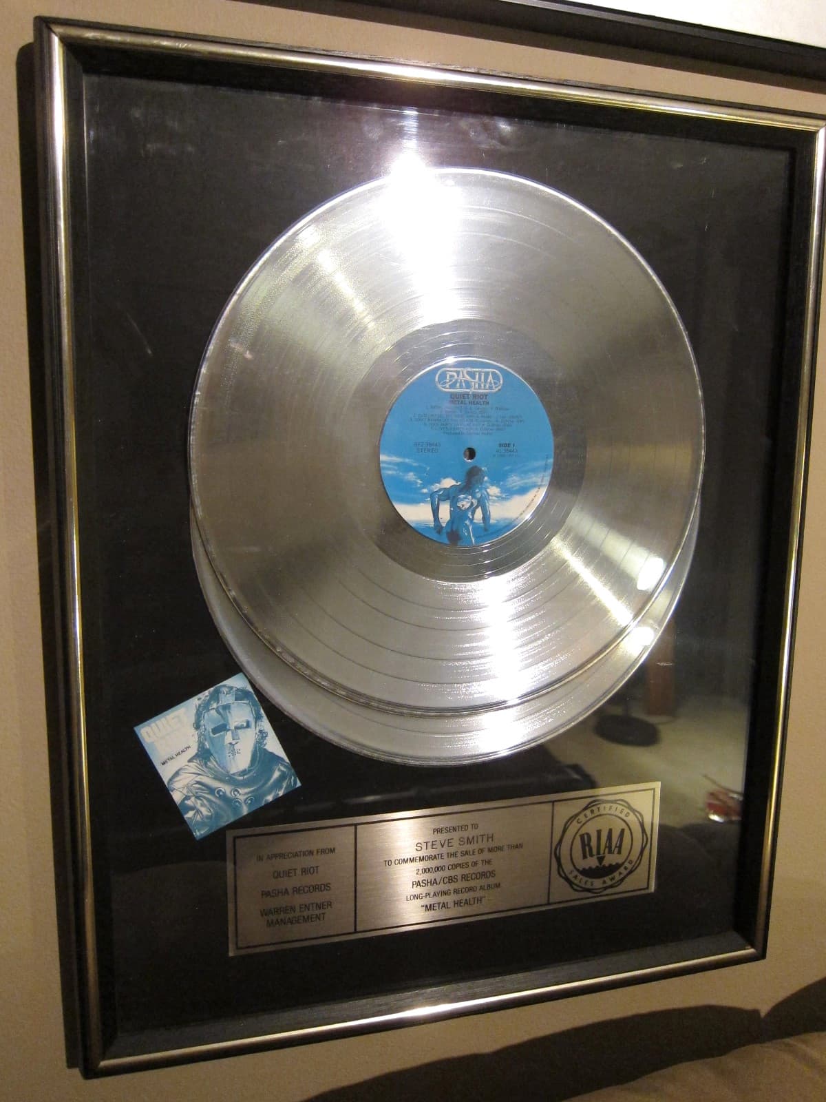 Quiet Riot Metal Health Double Platinum RIAA Record Award Pre-Hologram Not Gold