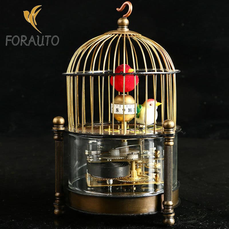 Exquisite Brass Mechanical clock -birdcage shape two bird Aroud Moving