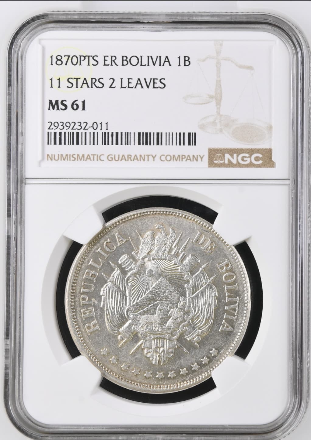 1870 PTS ER Bolivia 1 Boliviano - NGC MS - 61 - Mint State NGC!