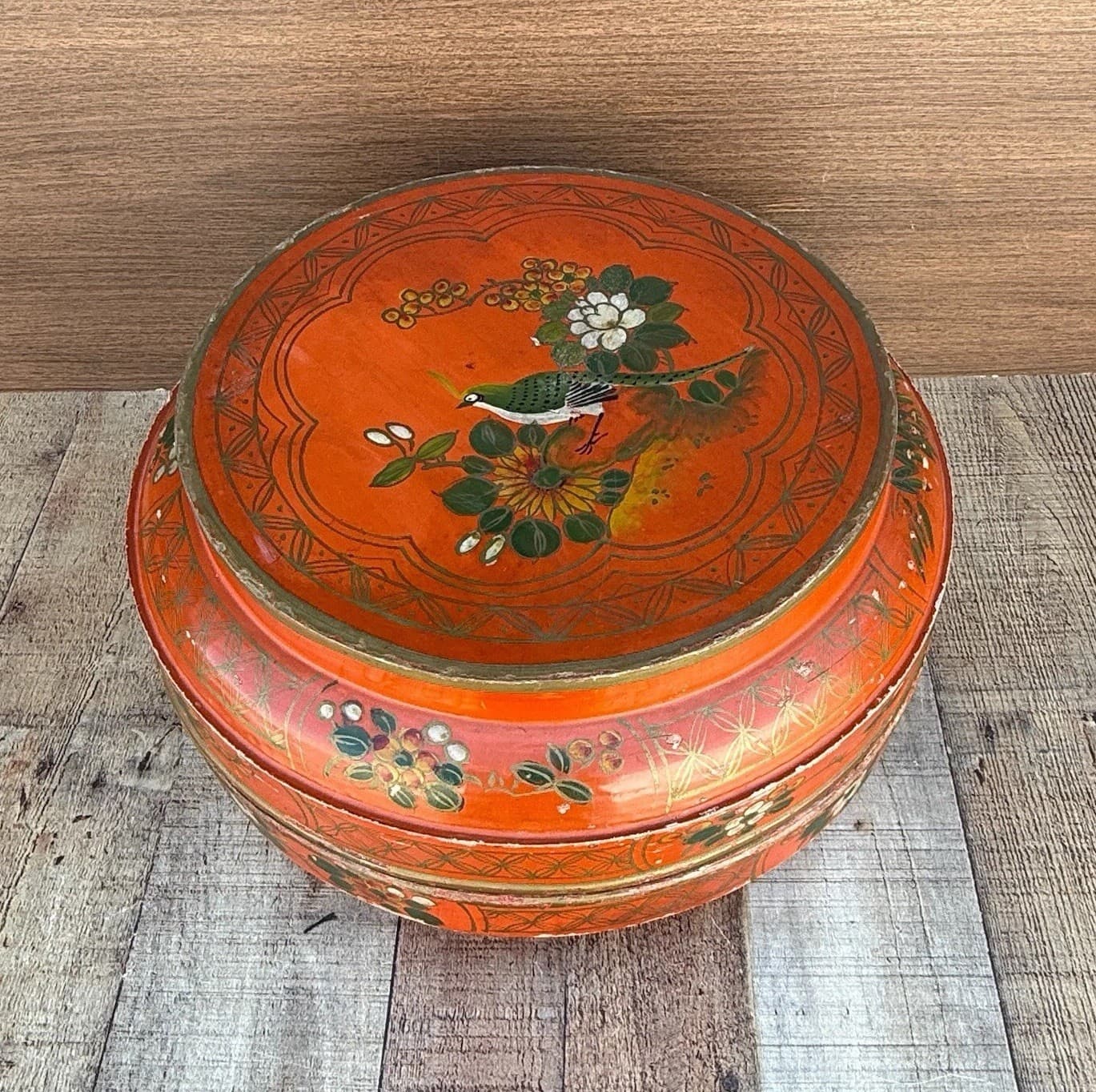 Antique Chinese Red Lacquer Large Round Wedding Box Floral Bird Signed 15.5” D