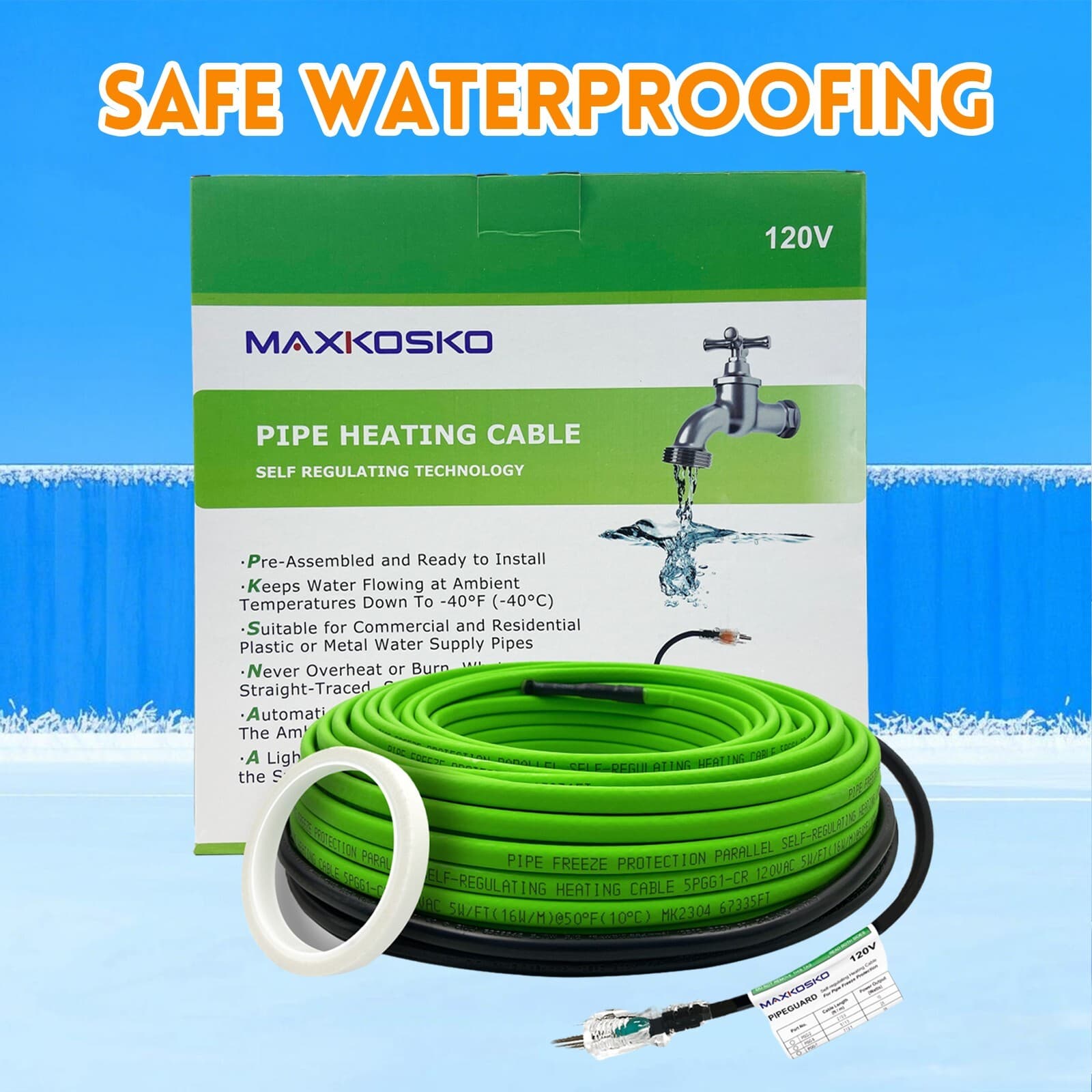 MAXKOSKO Pipe Heat Cable for Water Pipe Freeze Protection, Pipe Heat Trace 120V
