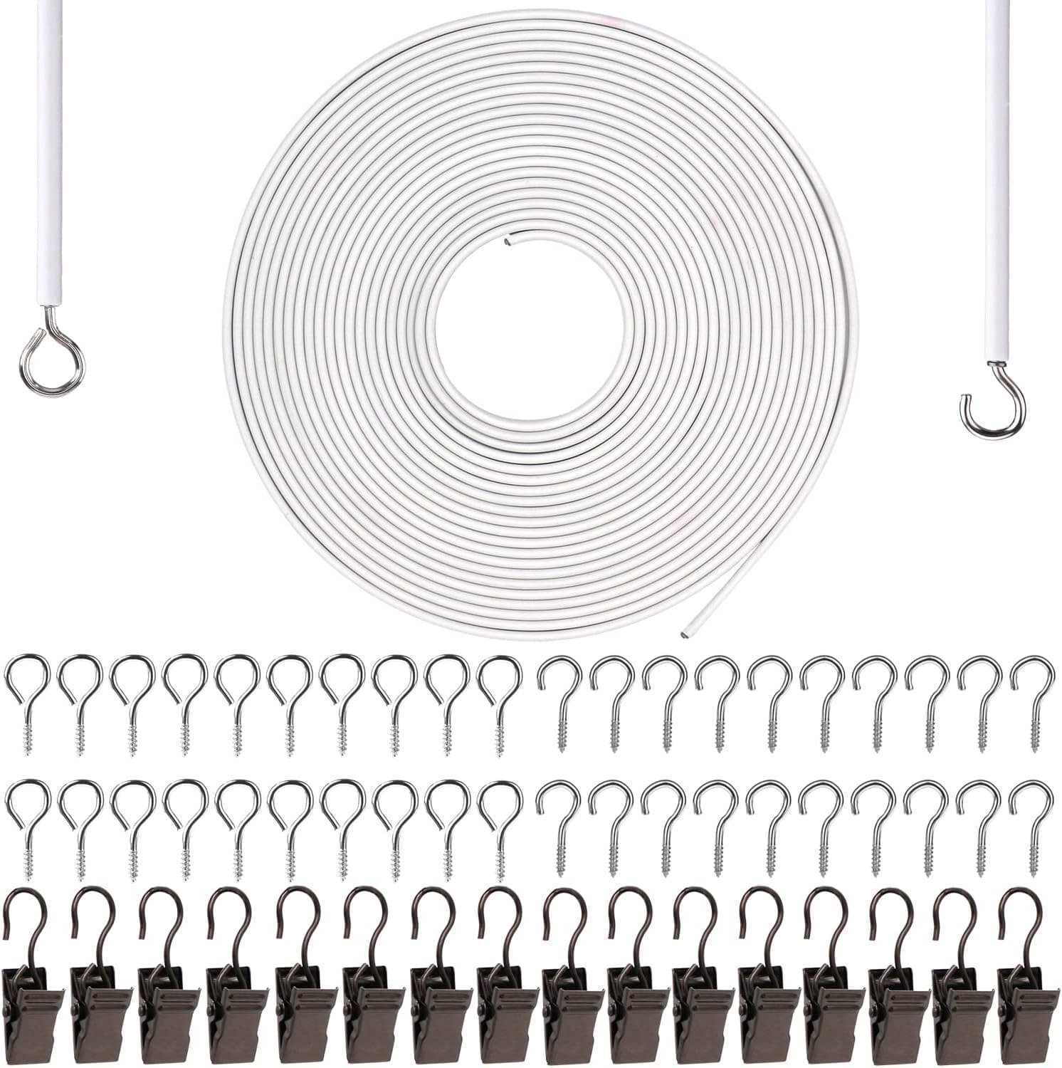 Curtain Wire,10 Meters (32FT) Hanging Cord Kit with 20 Pairs of Hooks & Eyes ...