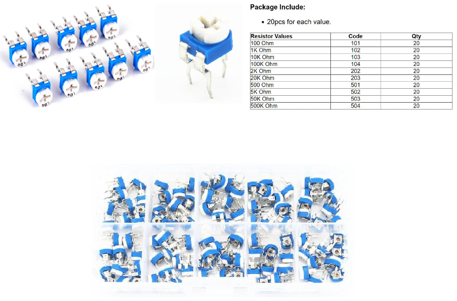 Potentiometer Trimpot Variable Resistor Assortment Box Kit (200x) 10 Values