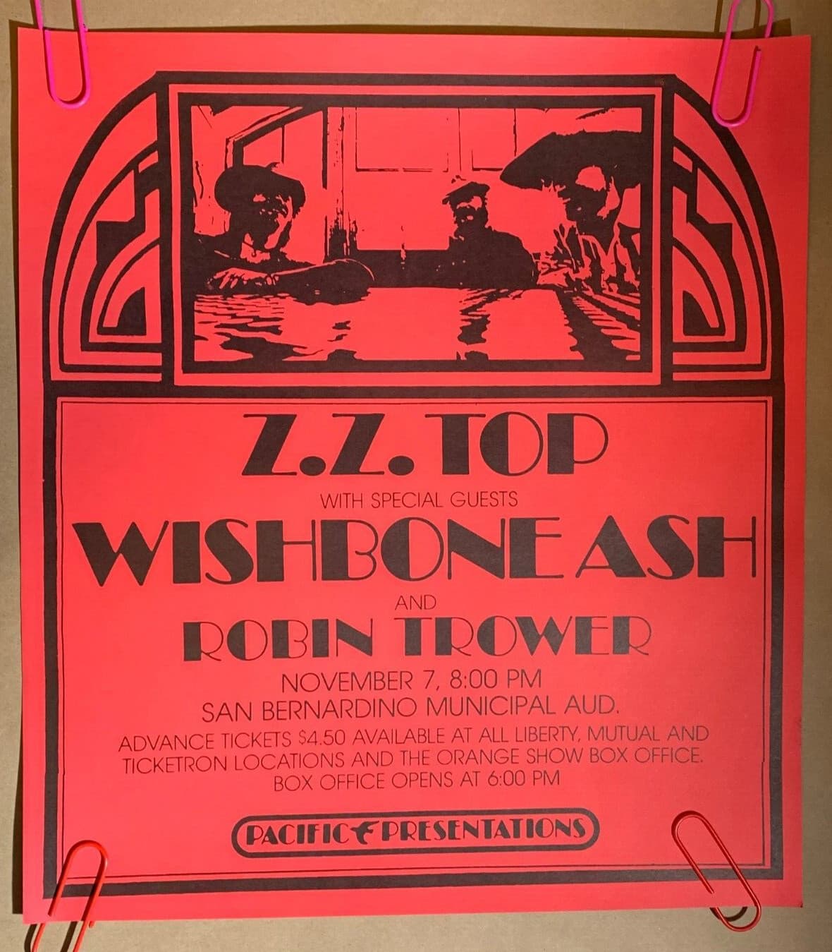 ZZ TOP ROBIN TROWER 1975 SAN BERNADINO, CALIFORNIA ROCK CONCERT POSTER -NICE!