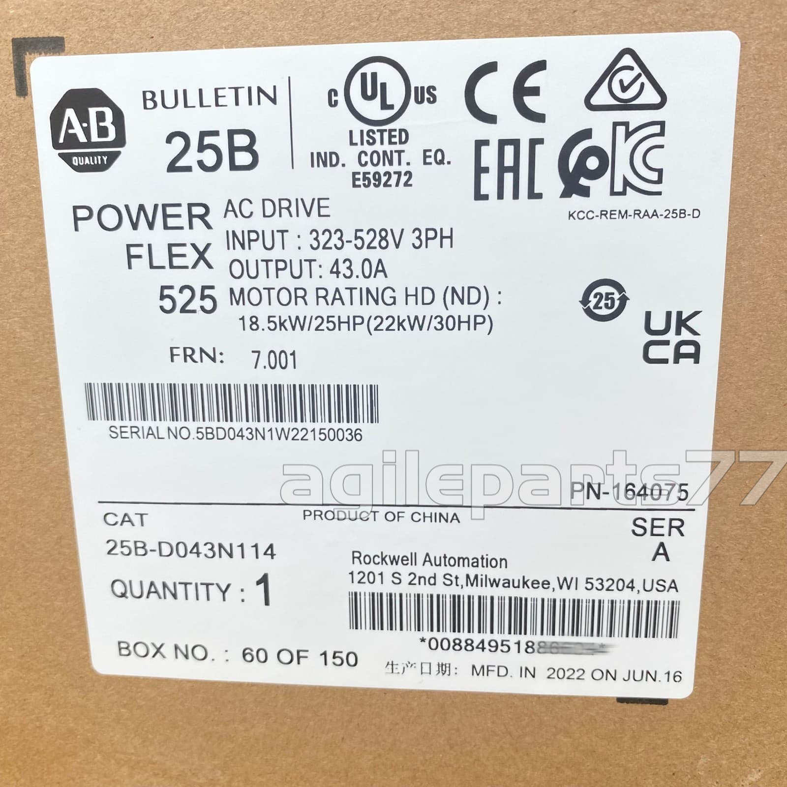 25B-D043N114 Allen-Bradley PowerFlex 525 22kW 30Hp AC Drive 2022 NEW Sealed TX