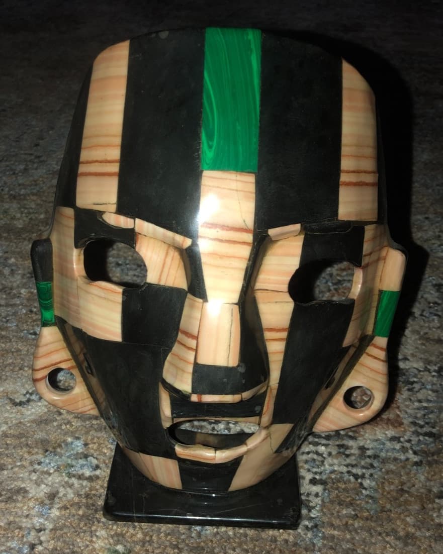 Mayan Aztec Mother of Pearl Onyx Abalone Inlay Death Burial Folk Art 7.5" Mask