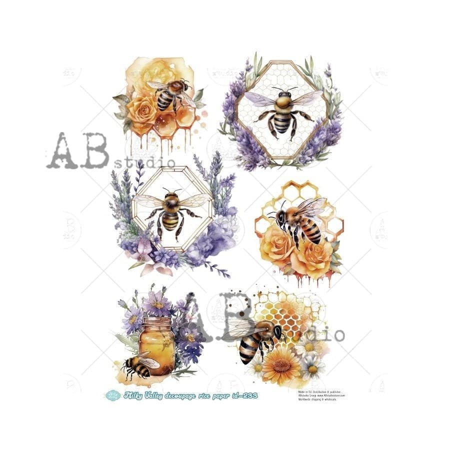 Lavender Honey Bees | A4 Rice Paper | Paper for Decoupage | AB Studios