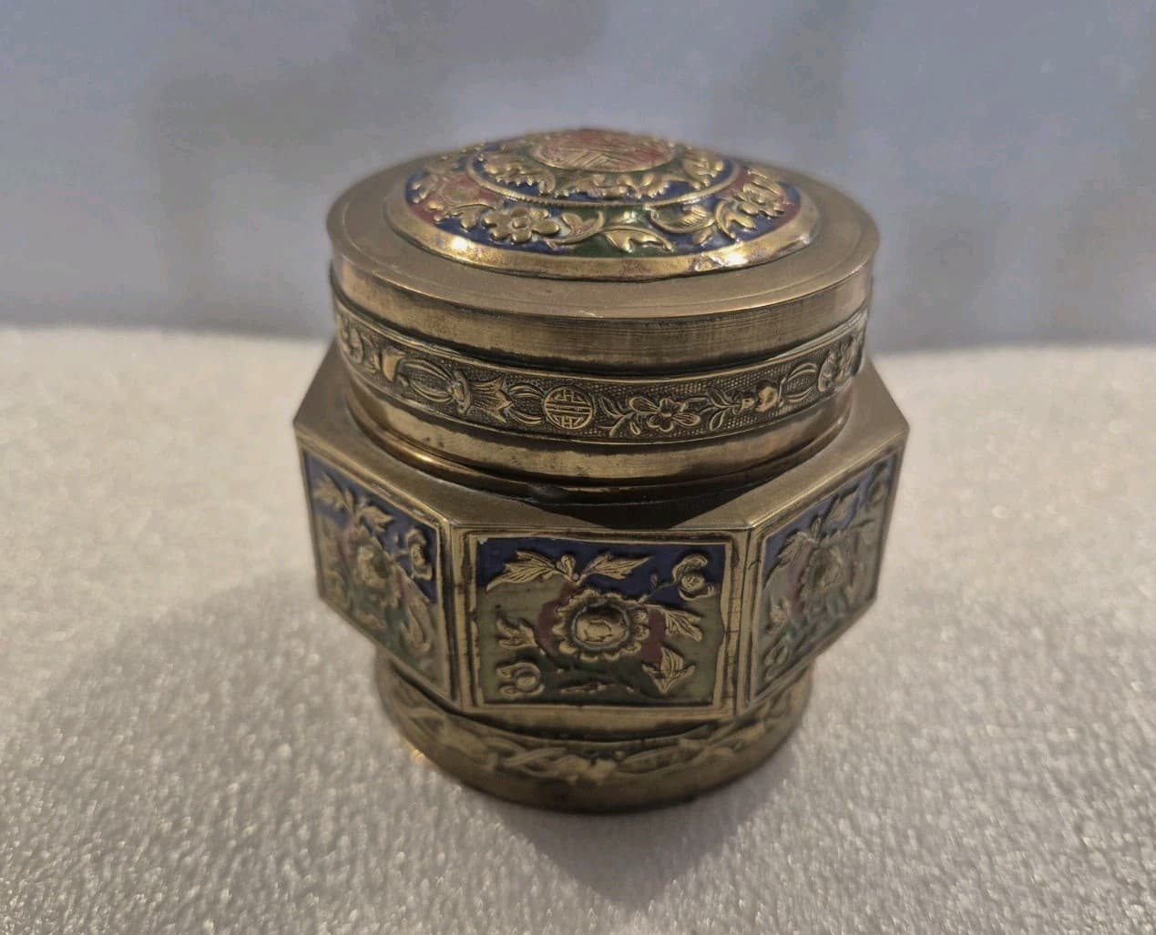 Chinese Export Embossed Enameled Brass Box 1930s