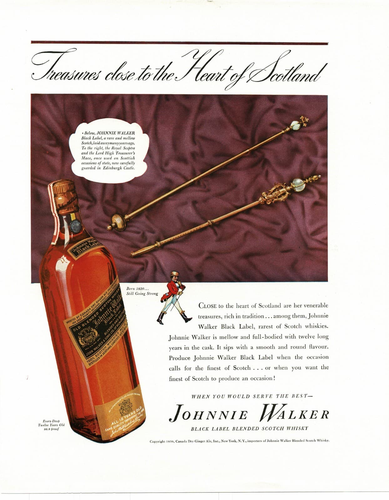 1939 Johnnie Walker Black Label Scotch Whisky Royal Scepter Mace Vintage Ad