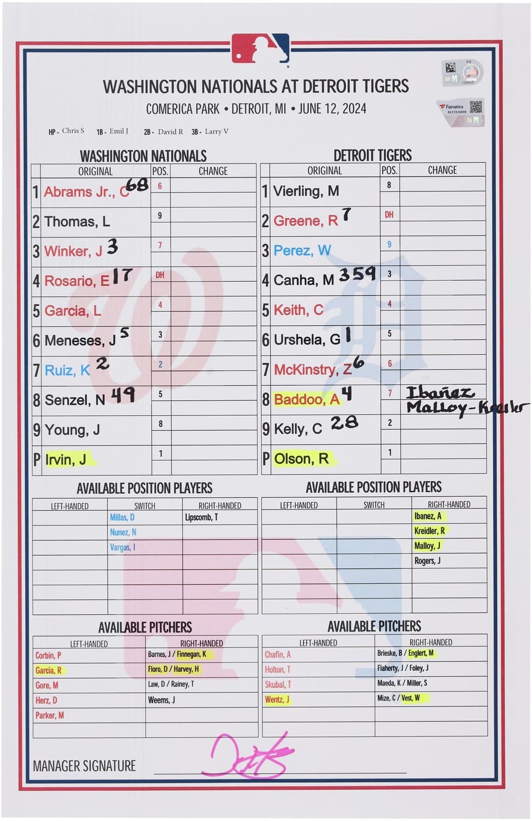 Washington Nationals Game-Used Lineup Card vs. Detroit Tigers on June 12, 2024