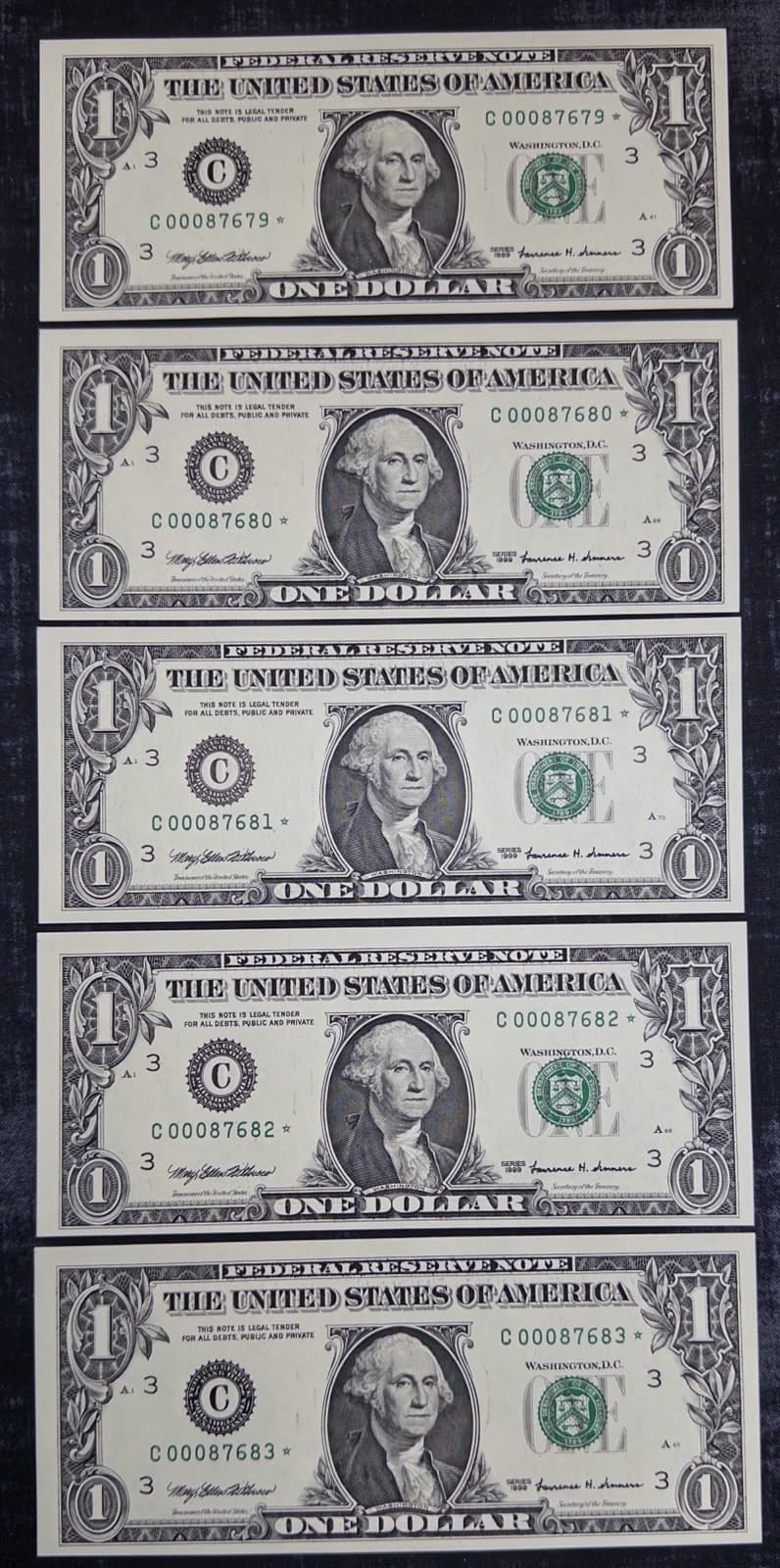 Set of 5 - 1999 $1 Federal Reserve Note LOW SERIAL Consecutive Star Uncirculated