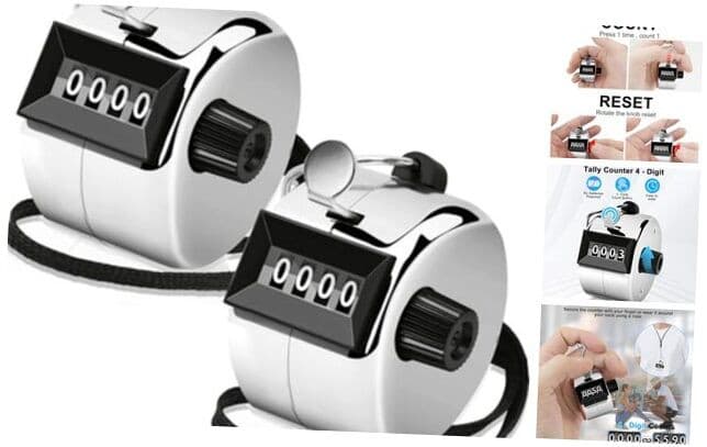 2 Pack Clicker Counter, Metal Hand Tally Counter Clicker, 4 Digit Mechanical