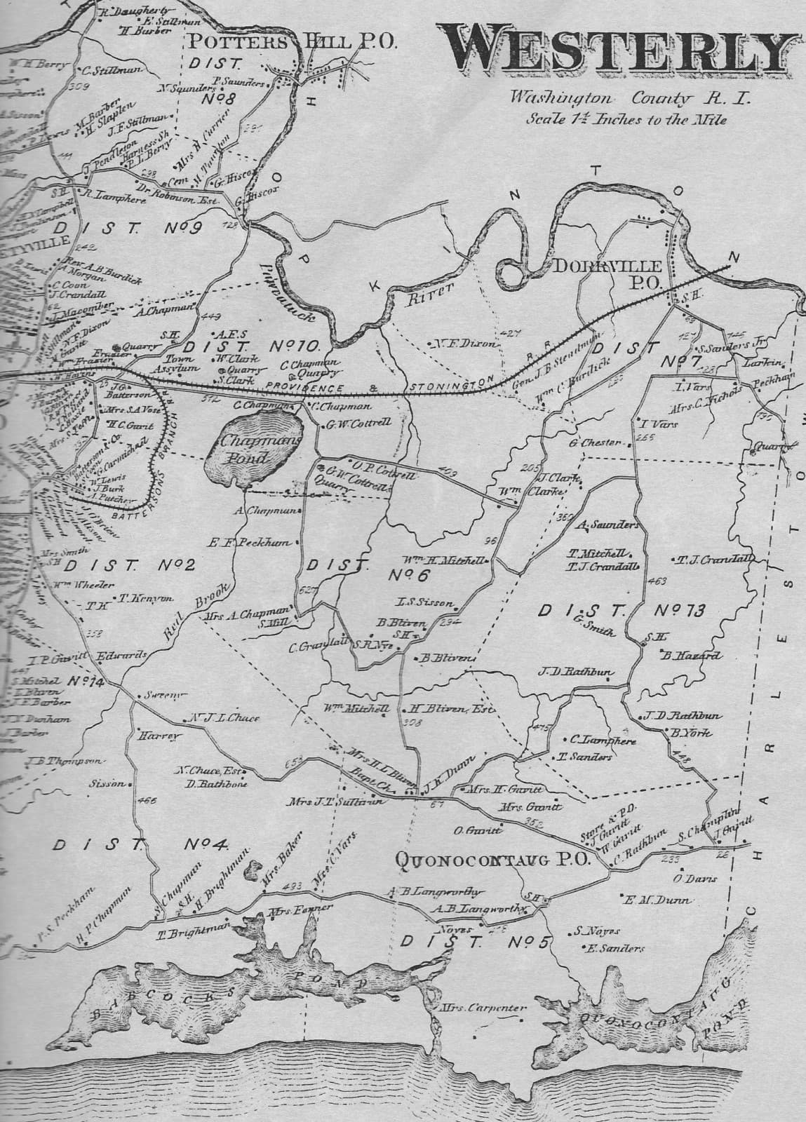 Westerly Watch Hill Misquamicut RI 1870 Map with Homeowners Names Shown