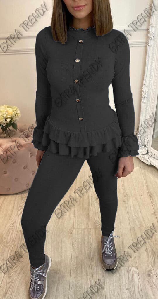 Womens Gold Button Loungewear Suit Ladies Frill Peplum Ribbed Knit Tracksuit Set