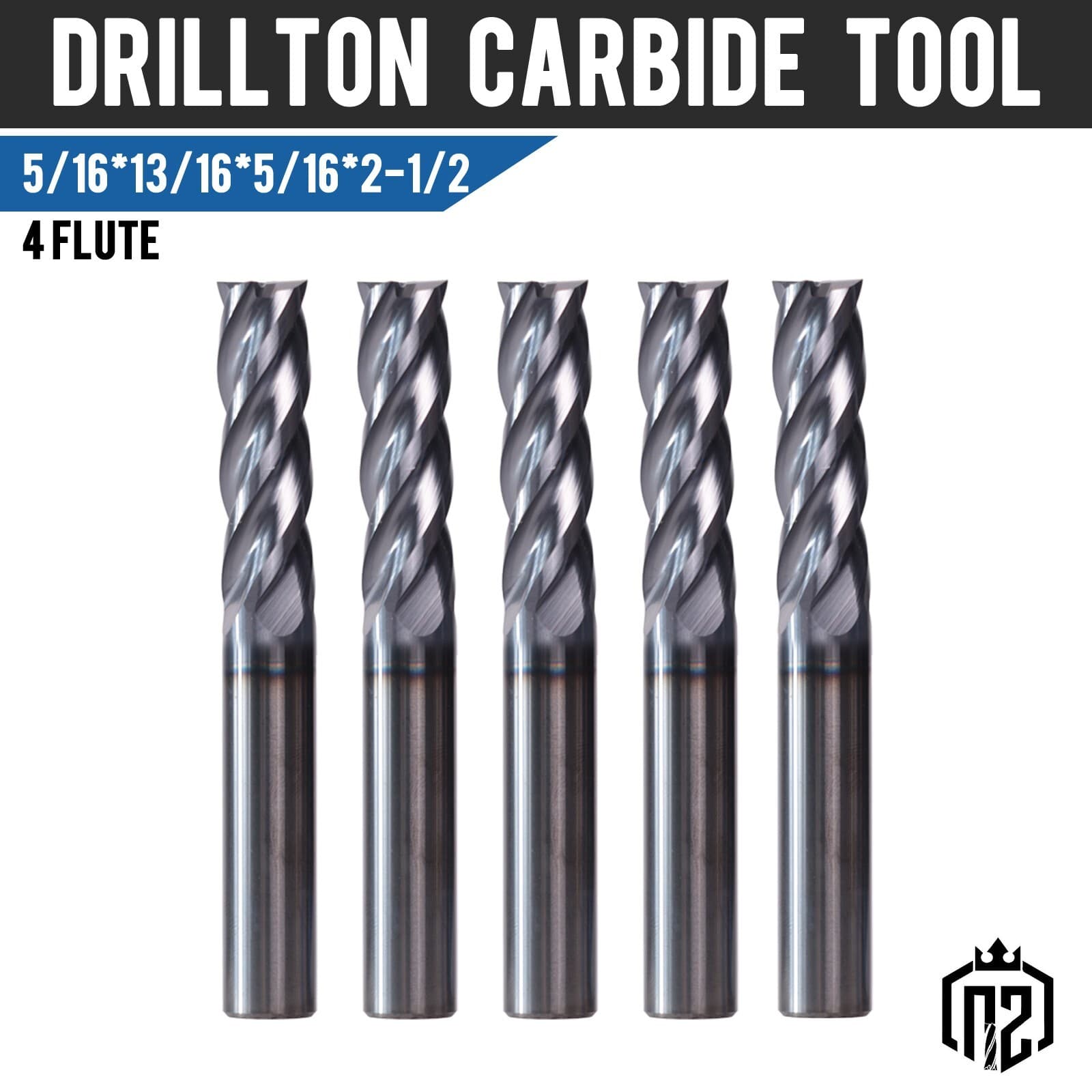 5 PCS 5/16" 4 Flute 2-1/2" Overall Length Carbide End Mill - AlTiN Coated