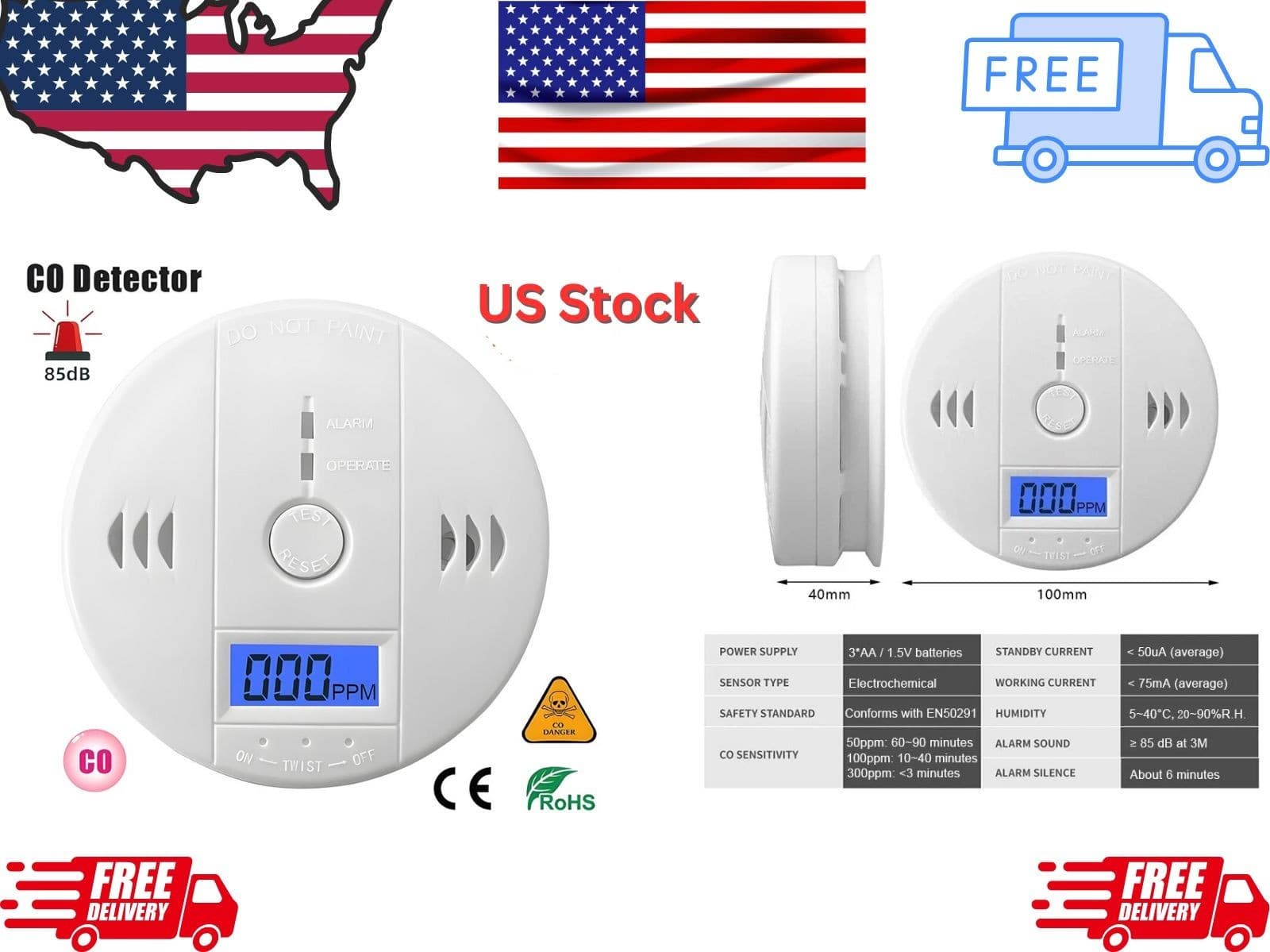 Carbon Monoxide Warning Alarm Sensor LED Digital Battery Powered Home Safety USA