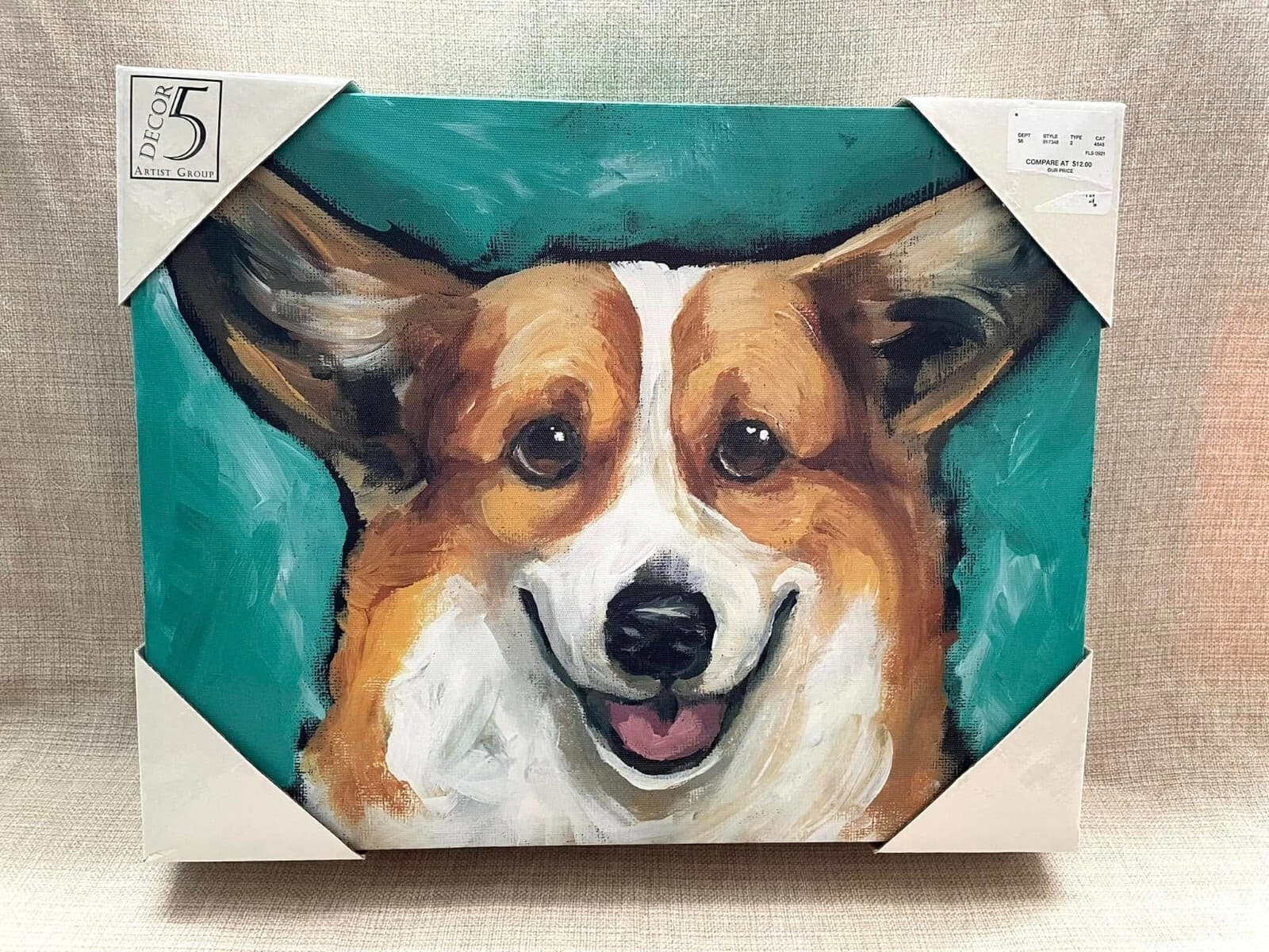 NEW 14”x 11” Corgi Dog Print on Canvas, Teal 2 1/2 inches deep