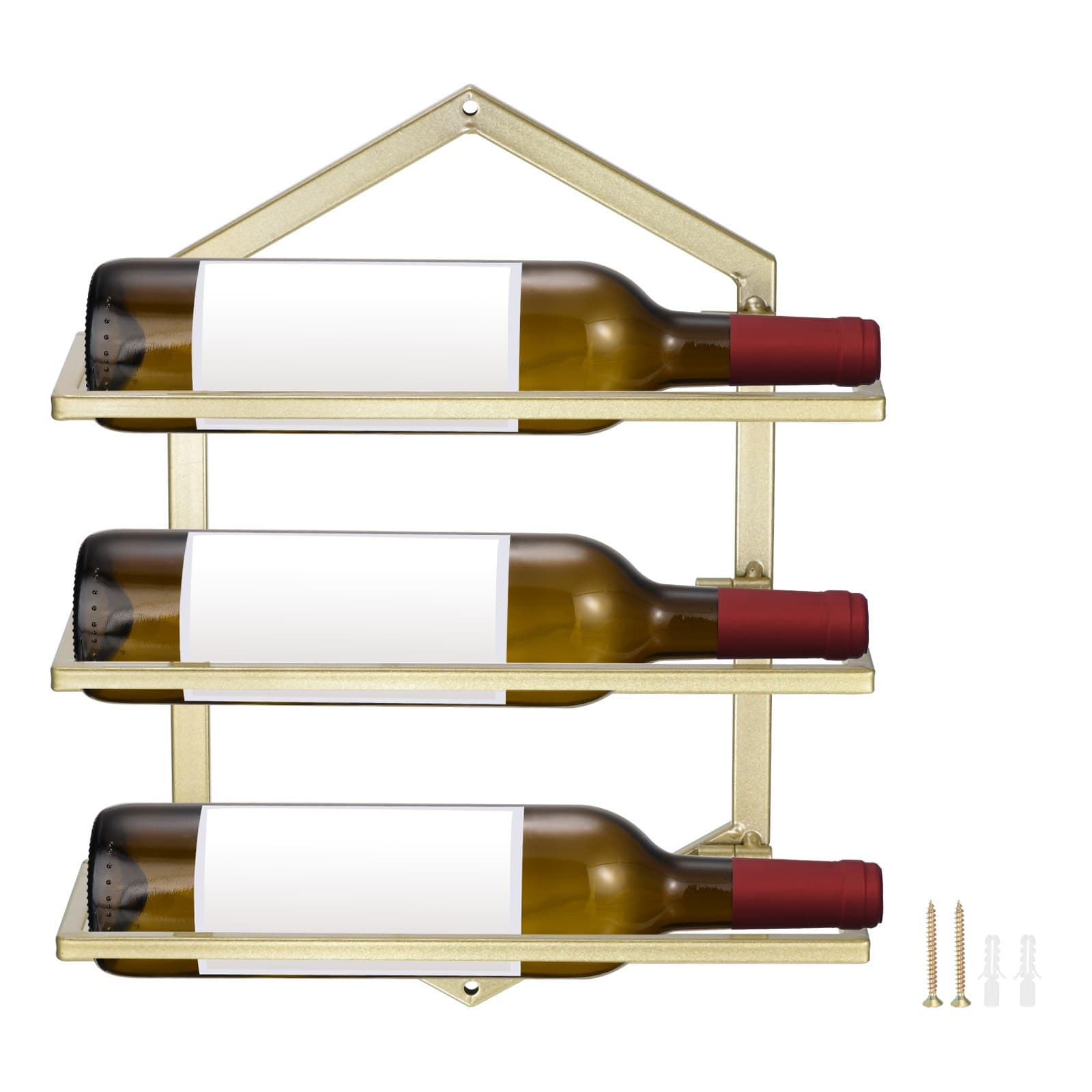 Wall Mounted Wine Rack Metal Hanging Wine Bottle Holder Holds 3 Bottles Gold