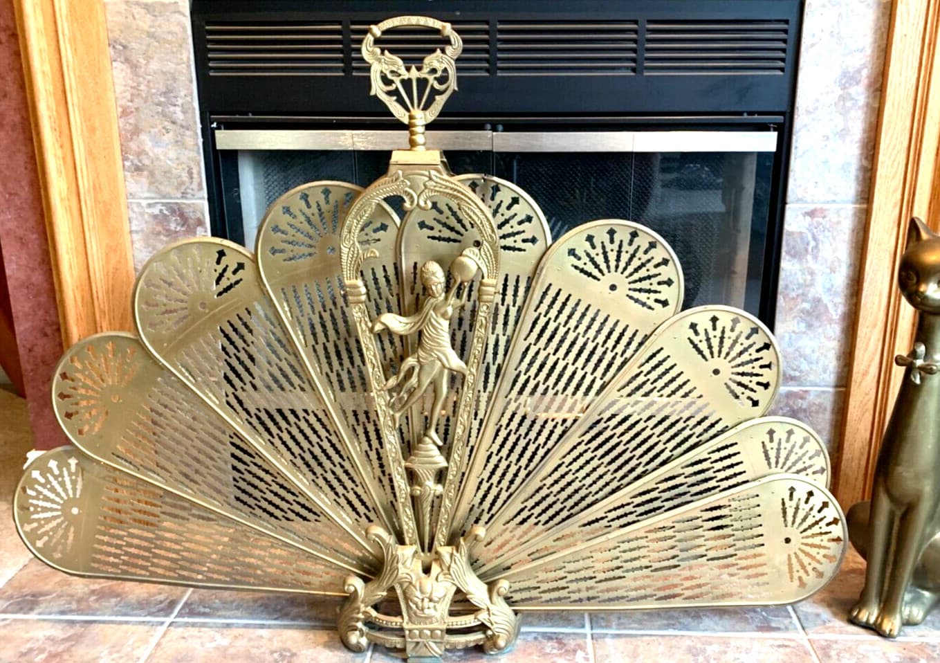 VINTAGE BRASS ART DECO LADY FIREPLACE SCREEN PEACOCK HEARTH FAN PATINA 48" WIDE