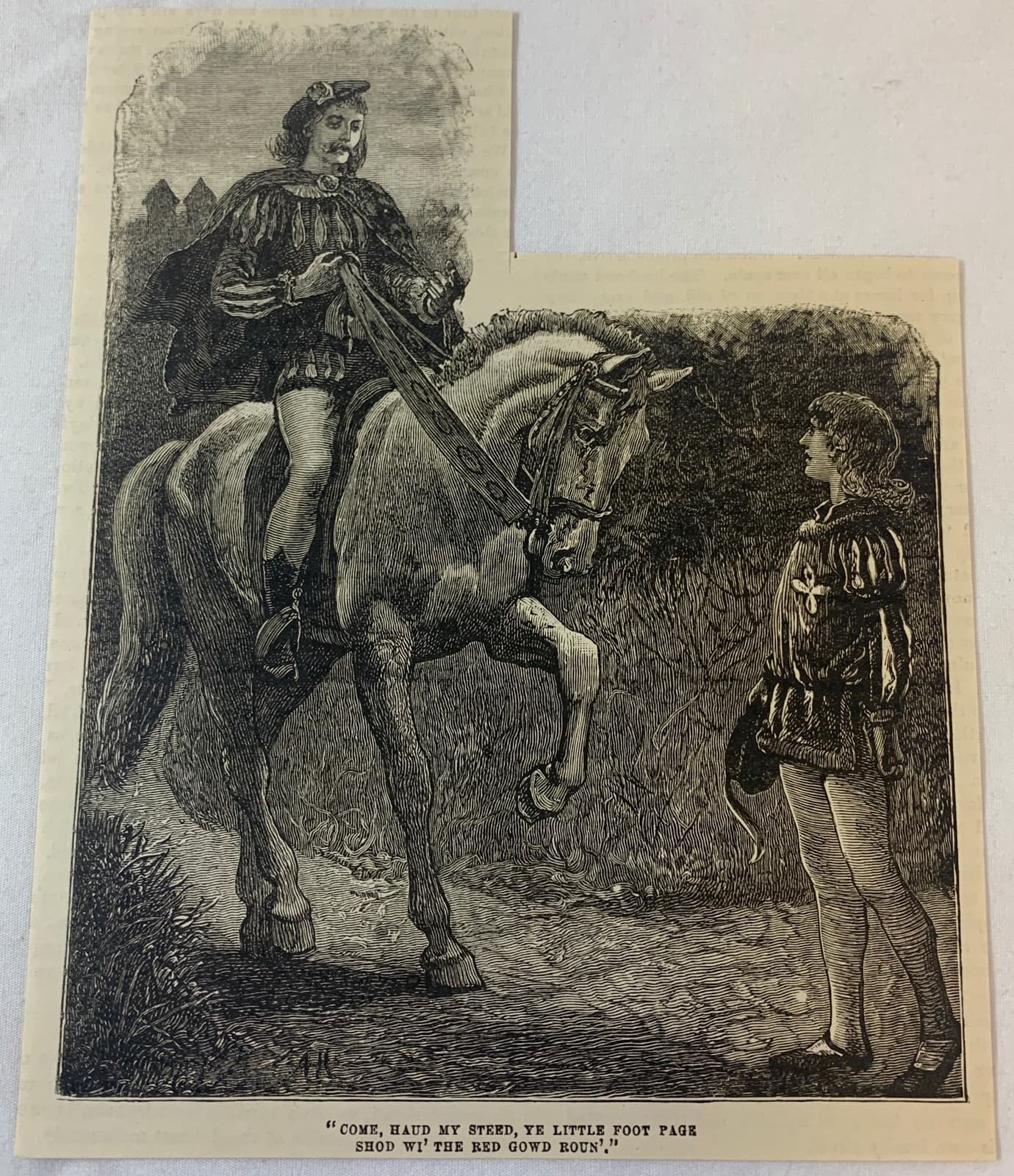 1882 magazine engraving ~ Horseback Nobel request foot page to haud his steed