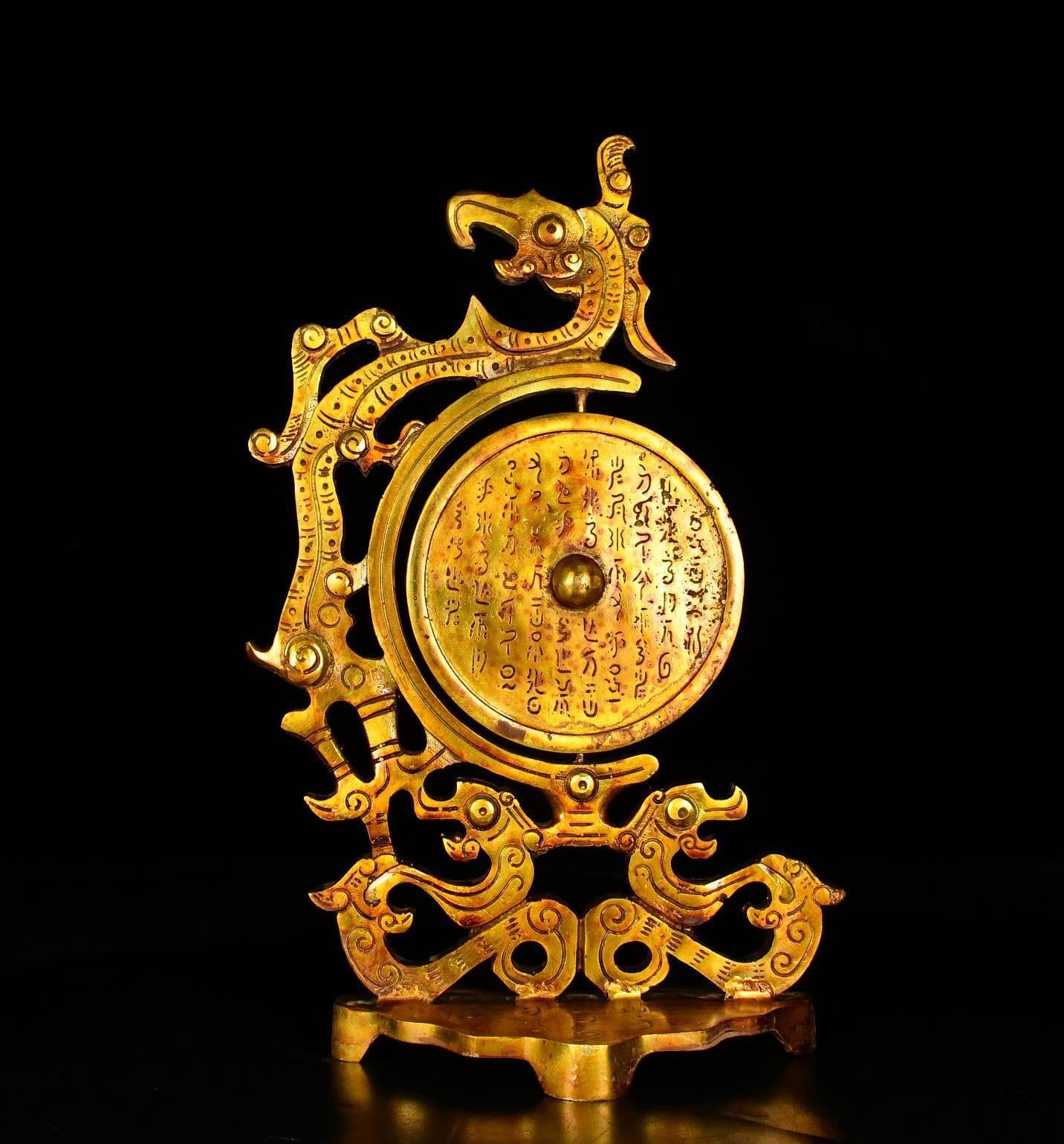 11.2" Ancient Warring States bronze Hand carving Gilt dragon Phoenix mirror