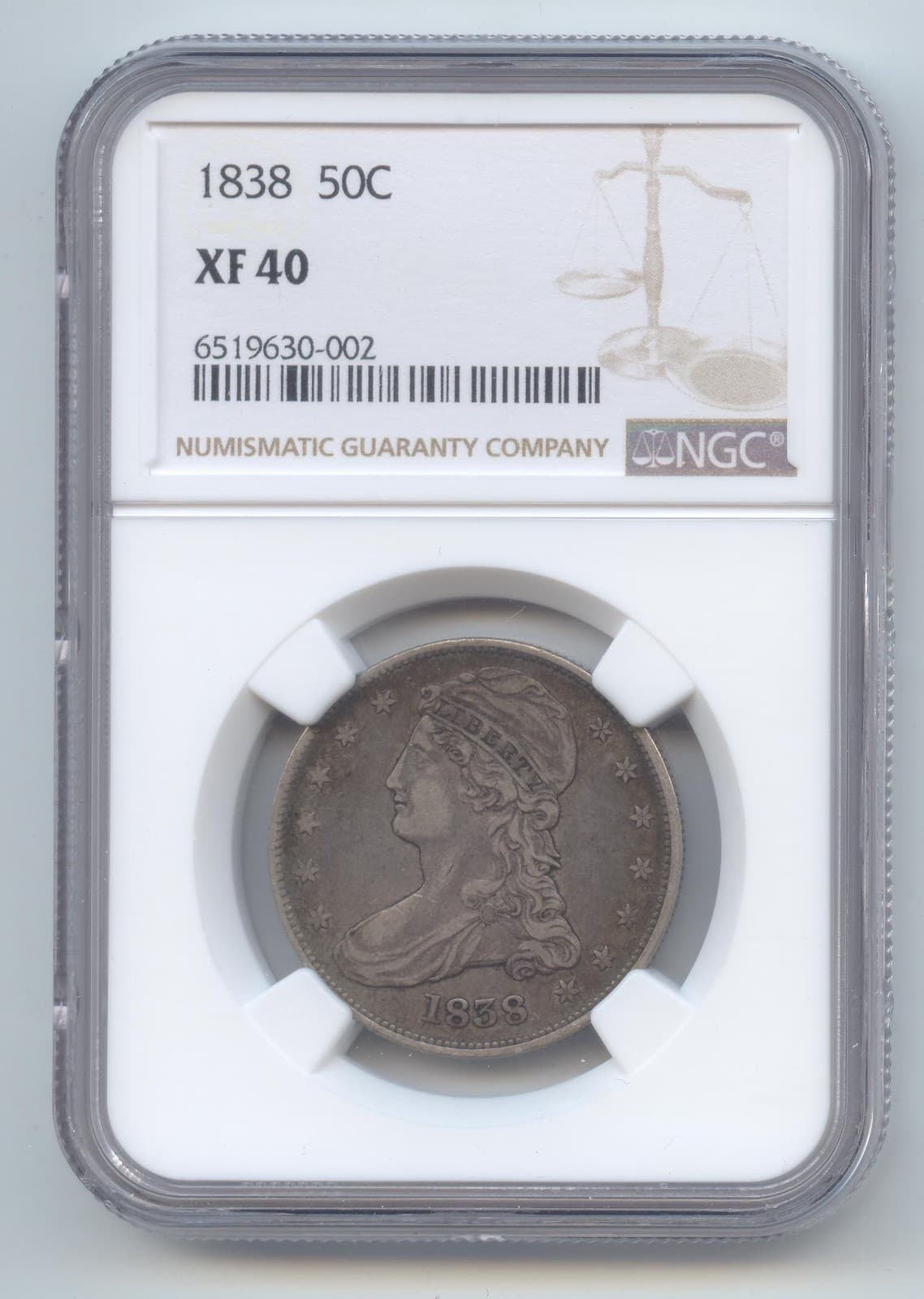 1838 Reeded Edge Capped Bust Half Dollar, NGC XF-40