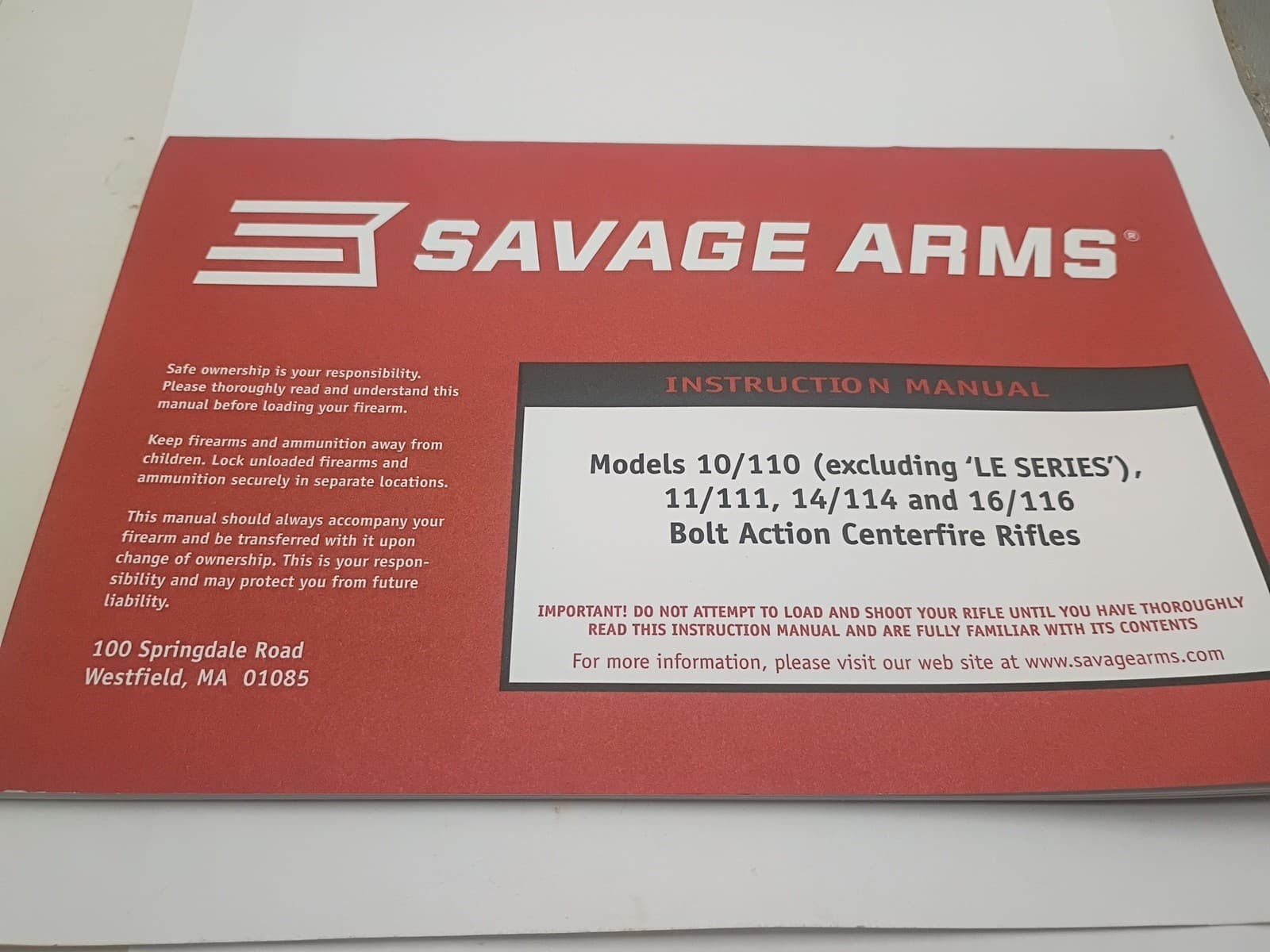 Savage 10/110 Bolt Action Rifle Owners Manual 2016