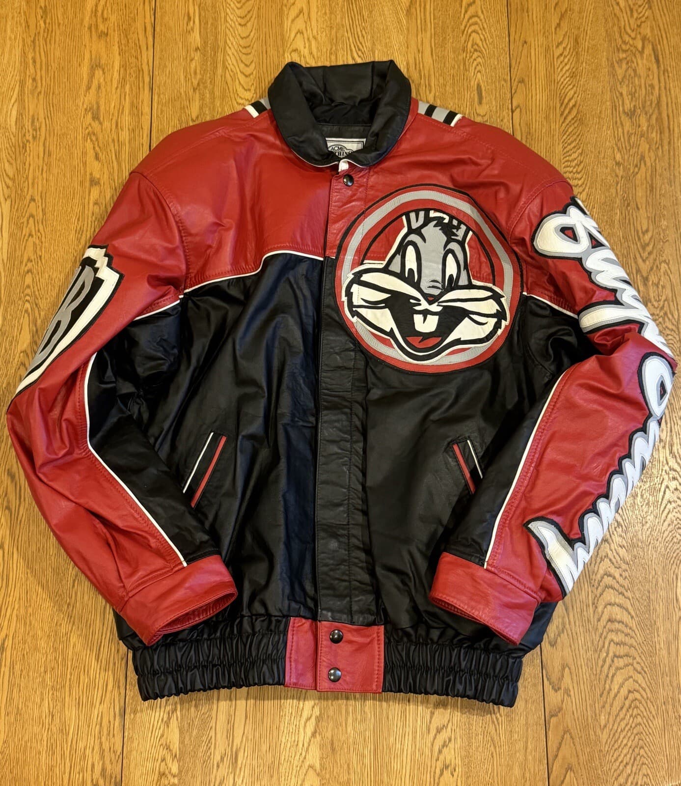 🔥RARE! Vintage 90s Looney Tunes Bugs Bunny Cartoon Bomber Leather Jacket Size M