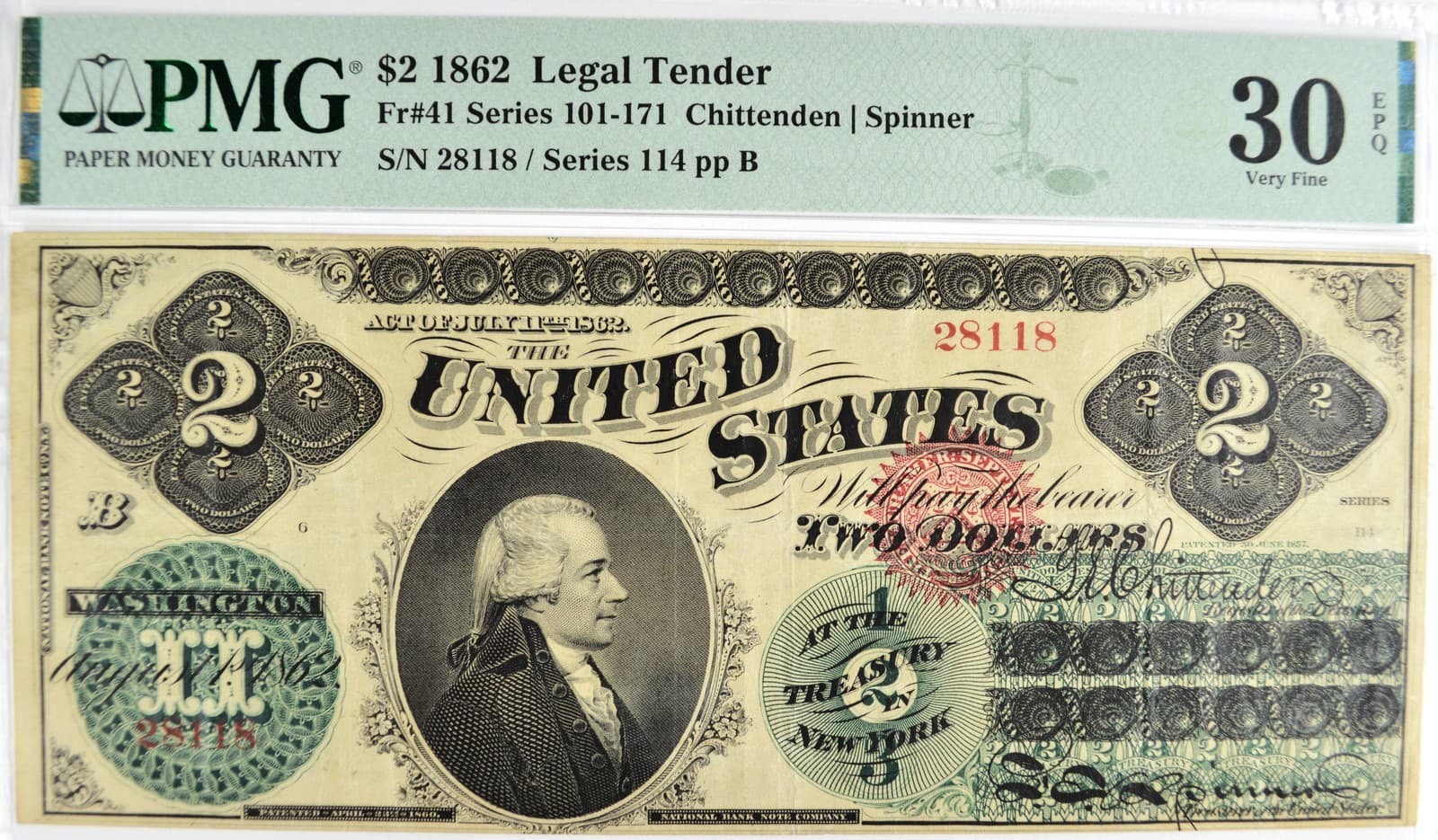 1862 $2 LEGAL TENDER FR#41 SERIES 101-171 PMG VF 30 EPQ