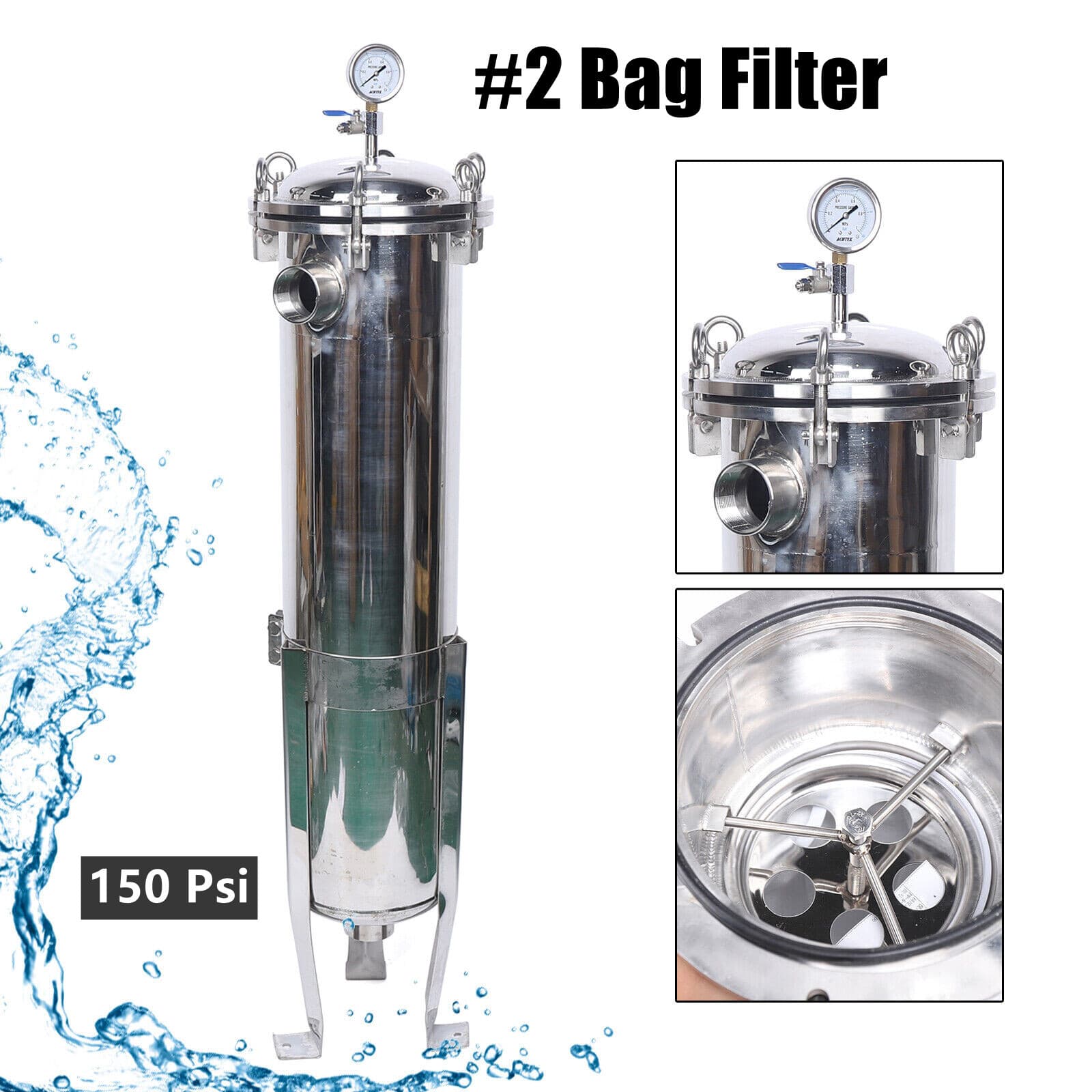 2" NPT Bag Filter Housing 150 Psi 304 Stainless Steel In/Out #2 Bag with mesh US
