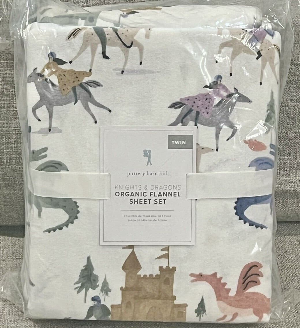 NEW Pottery Barn Kids Knights & Dragons Flannel Twin Sheet Set, Castles