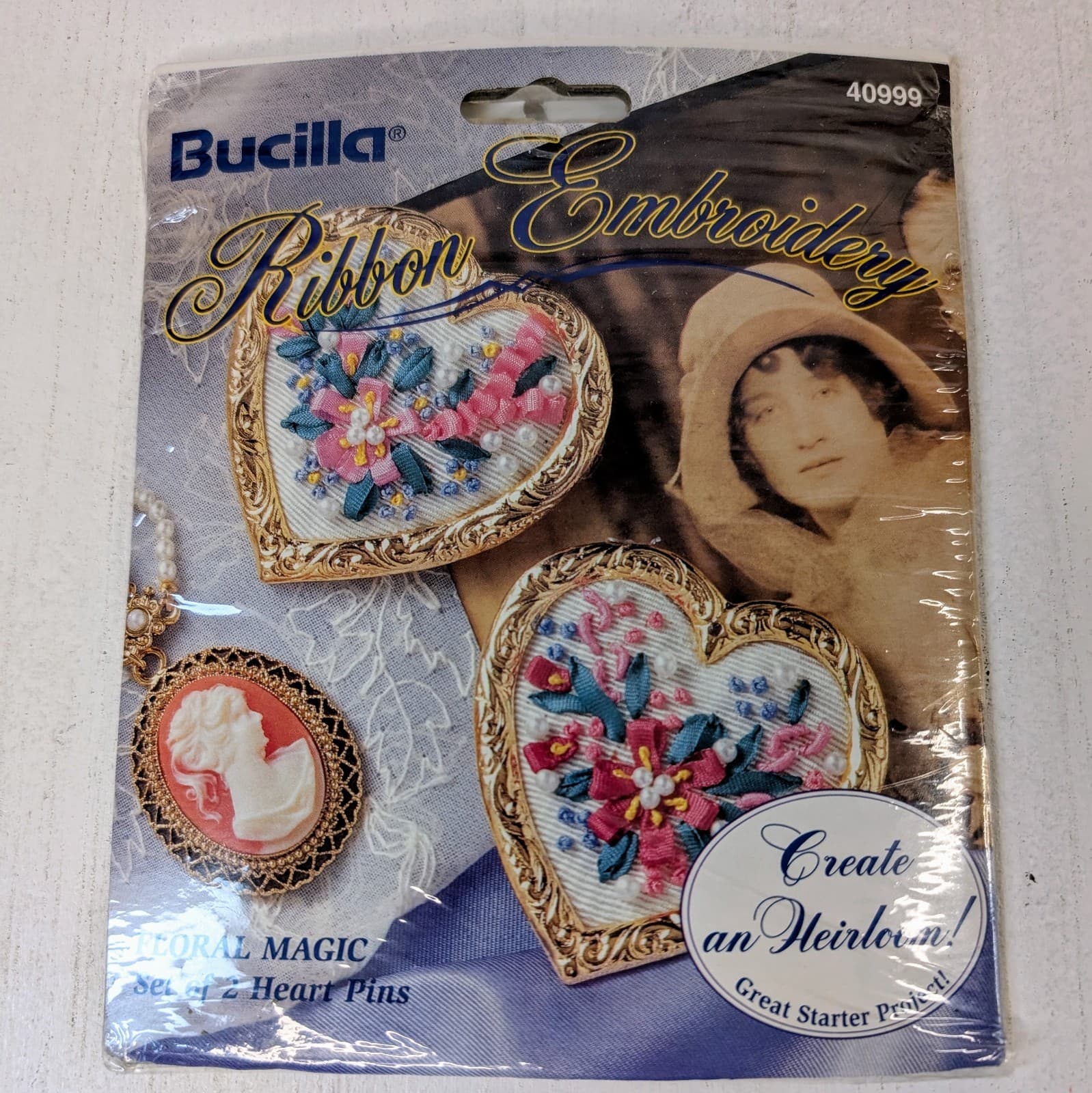 Bucilla Floral Magic Ribbon Embroidery Heart Pins 40999 Project Kit 1994